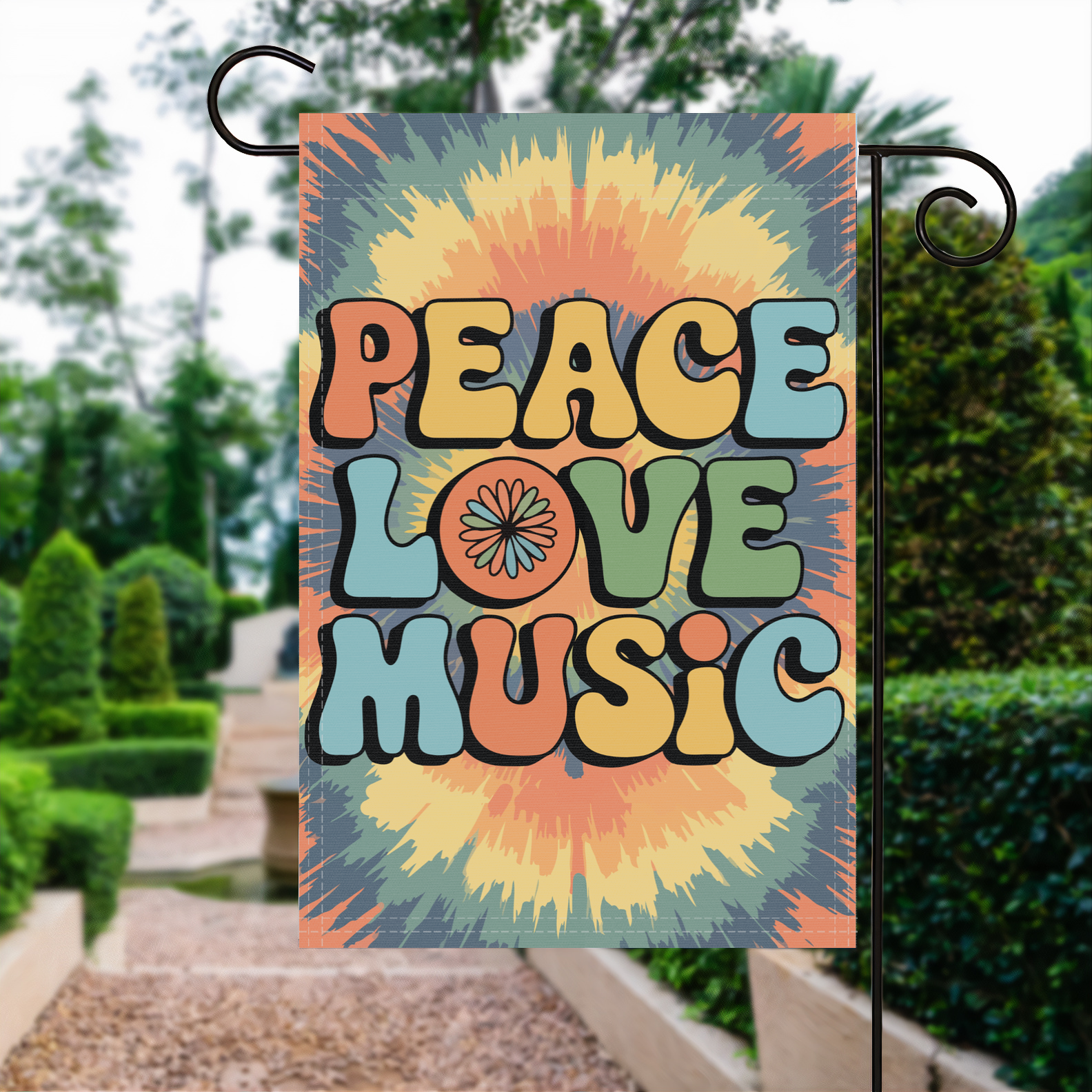 Peace Love Music garden flag made of weatherproof polyester displayed in a garden | Bannerfi