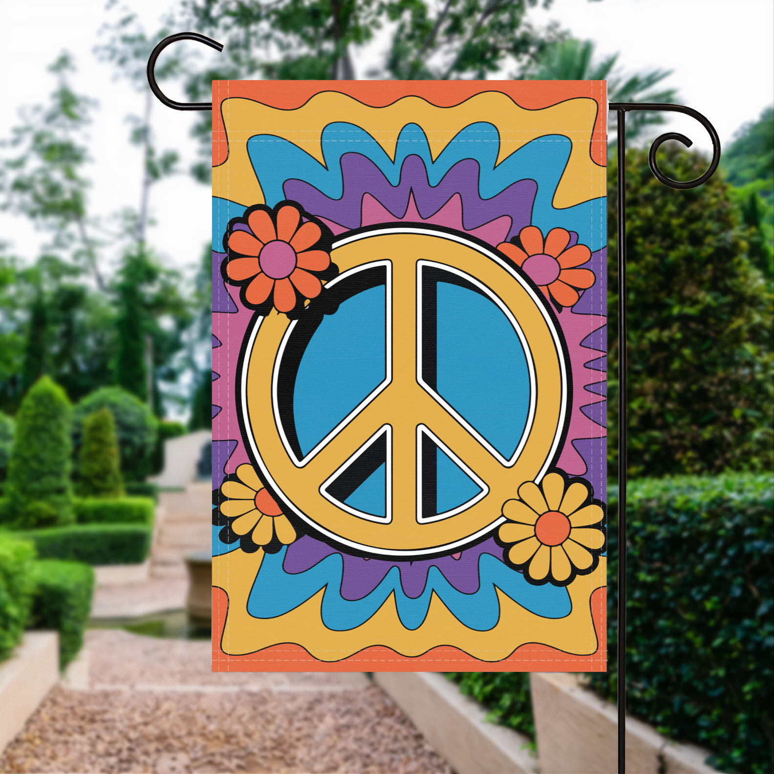 Peace Sign garden flag made of weatherproof polyester displayed in a garden | Bannerfi