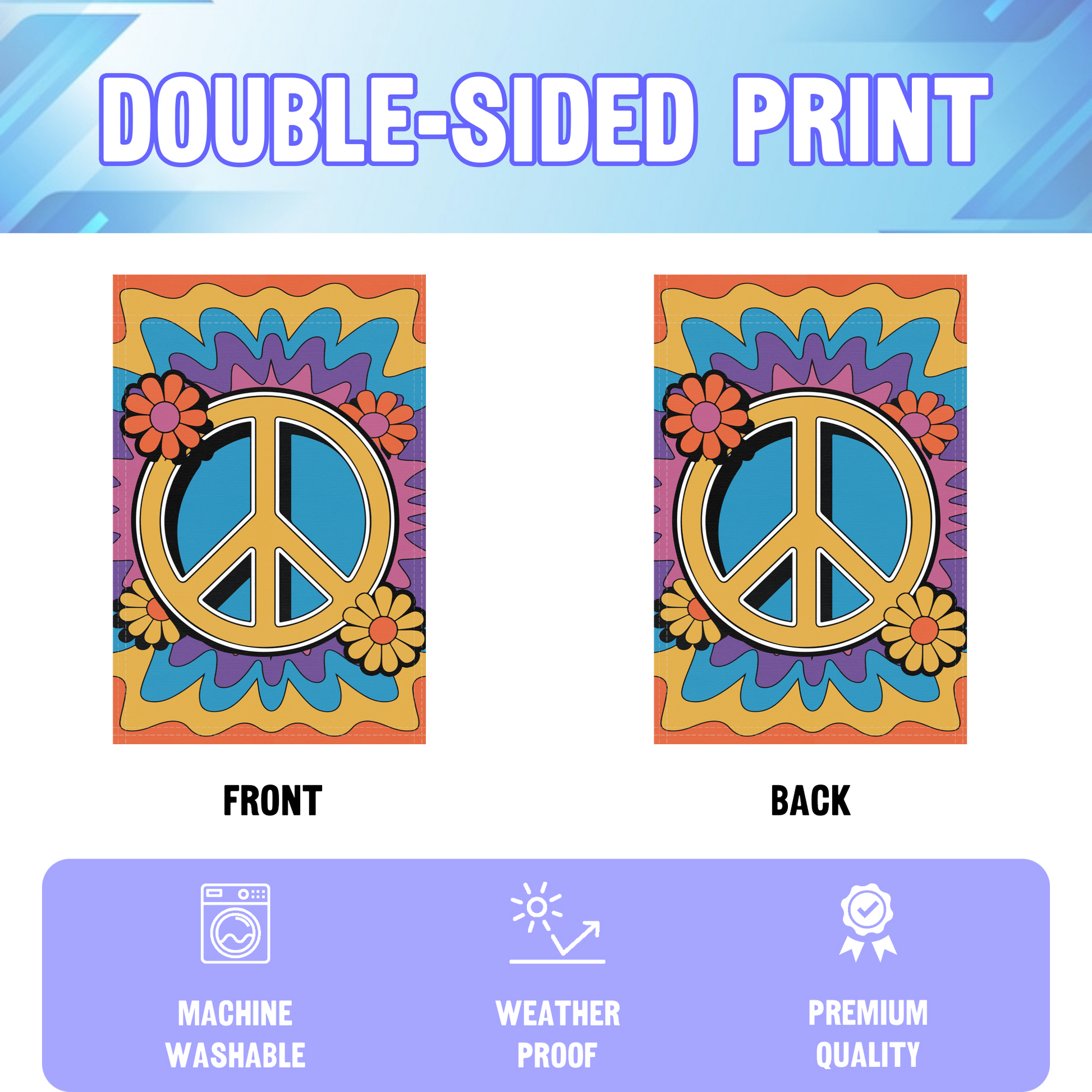 Peace Sign garden flag displayed in an infographic, showing the double sided print and high quality characteristics | Bannerfi