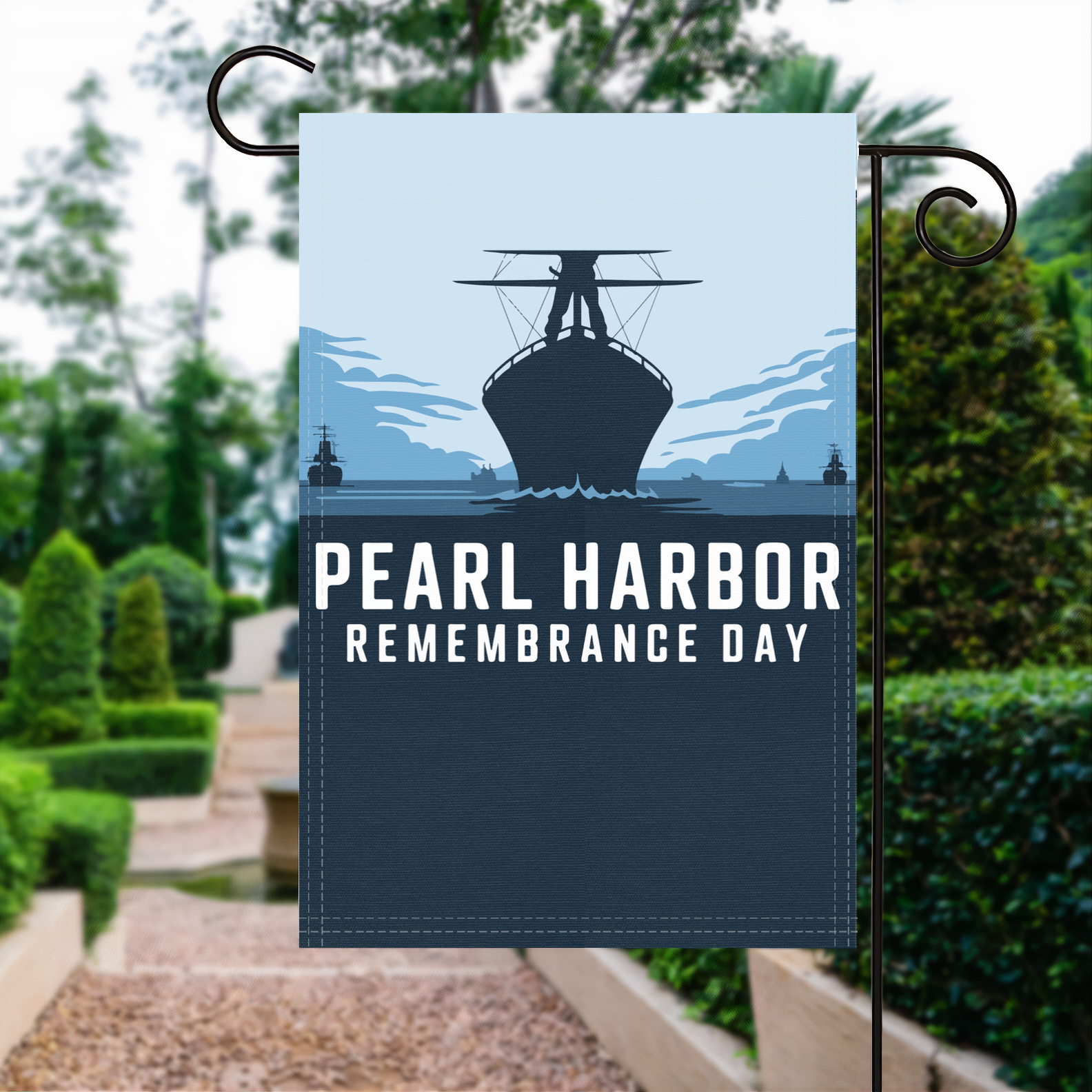 Pearl Harbor Remembrance Day garden flag made of weatherproof polyester displayed in a garden | Bannerfi