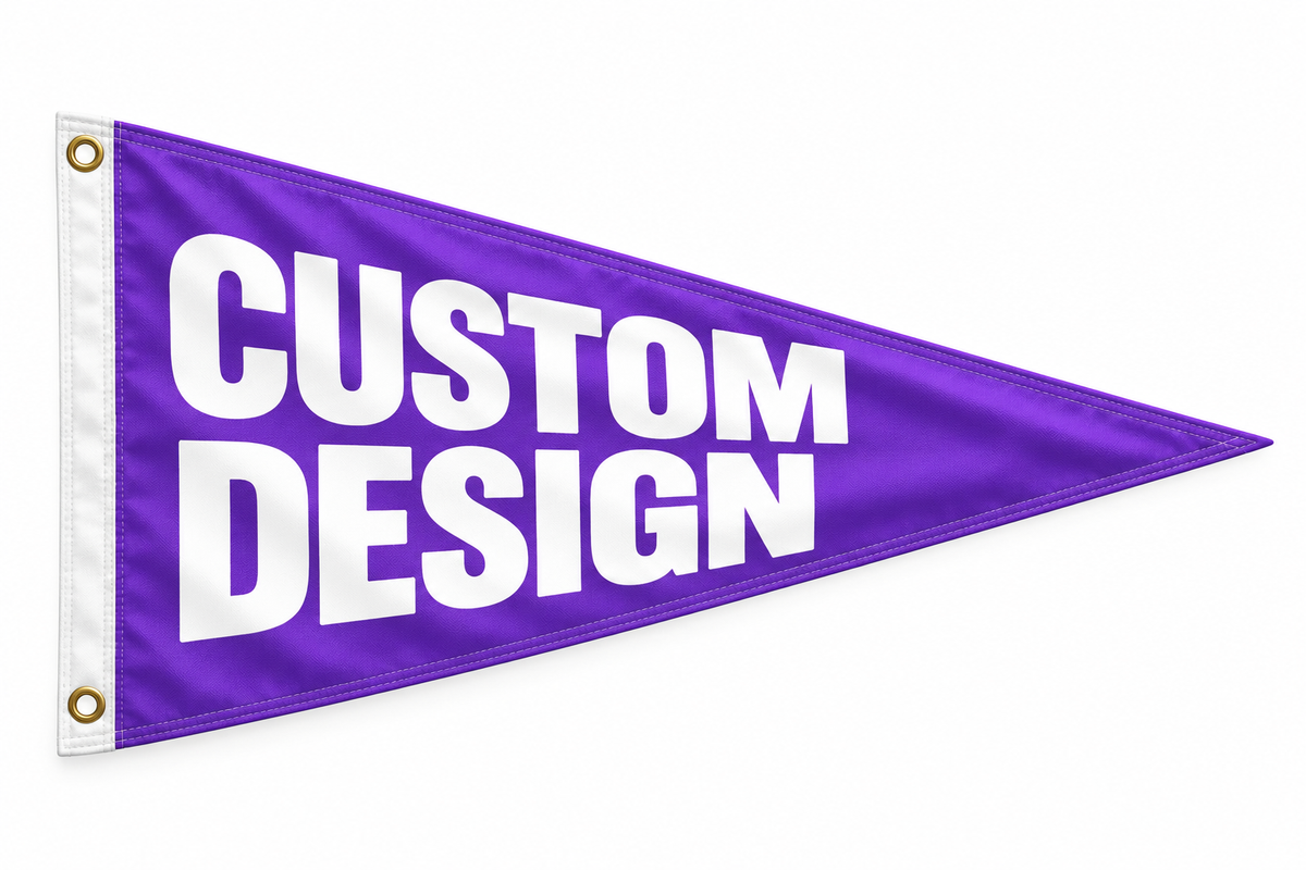 Custom Pennant Flag, Bannerfi brand, purple with bold white CUSTOM DESIGN text and white hoist edge with grommets.
