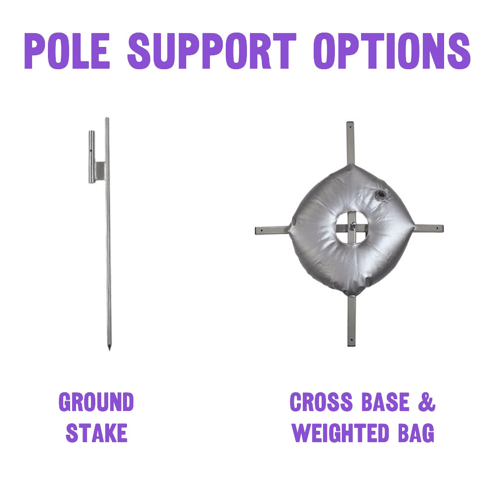 feather flag Pole support options with ground stake and cross base & weighted bag.