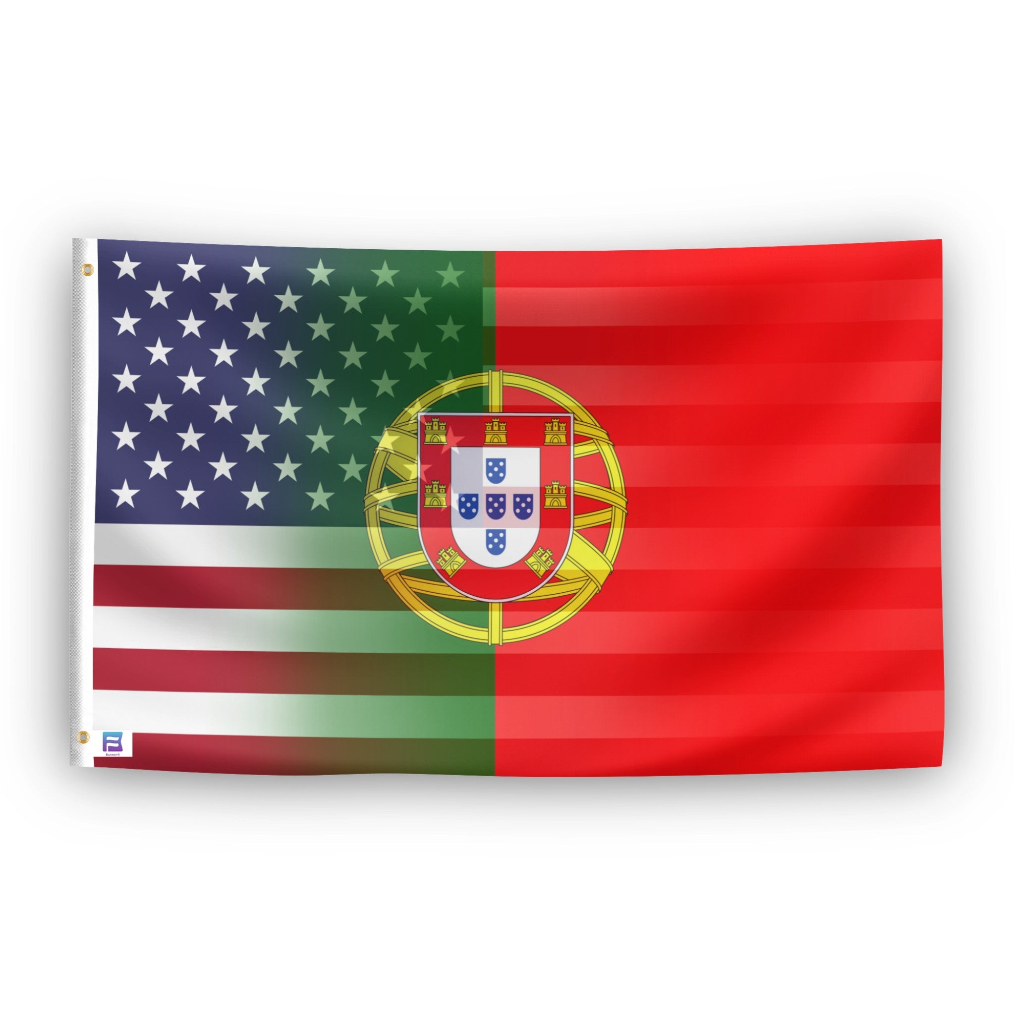 Flag with American and Portuguese designs blended together.