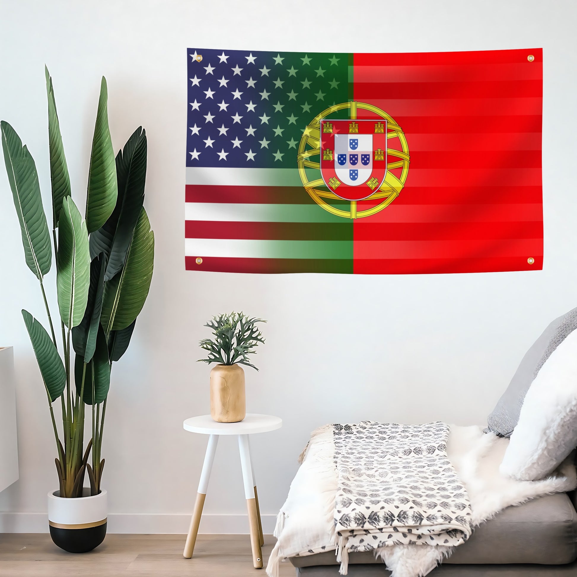 Living room with a large banner featuring American and Portuguese flag designs blended together on the wall.