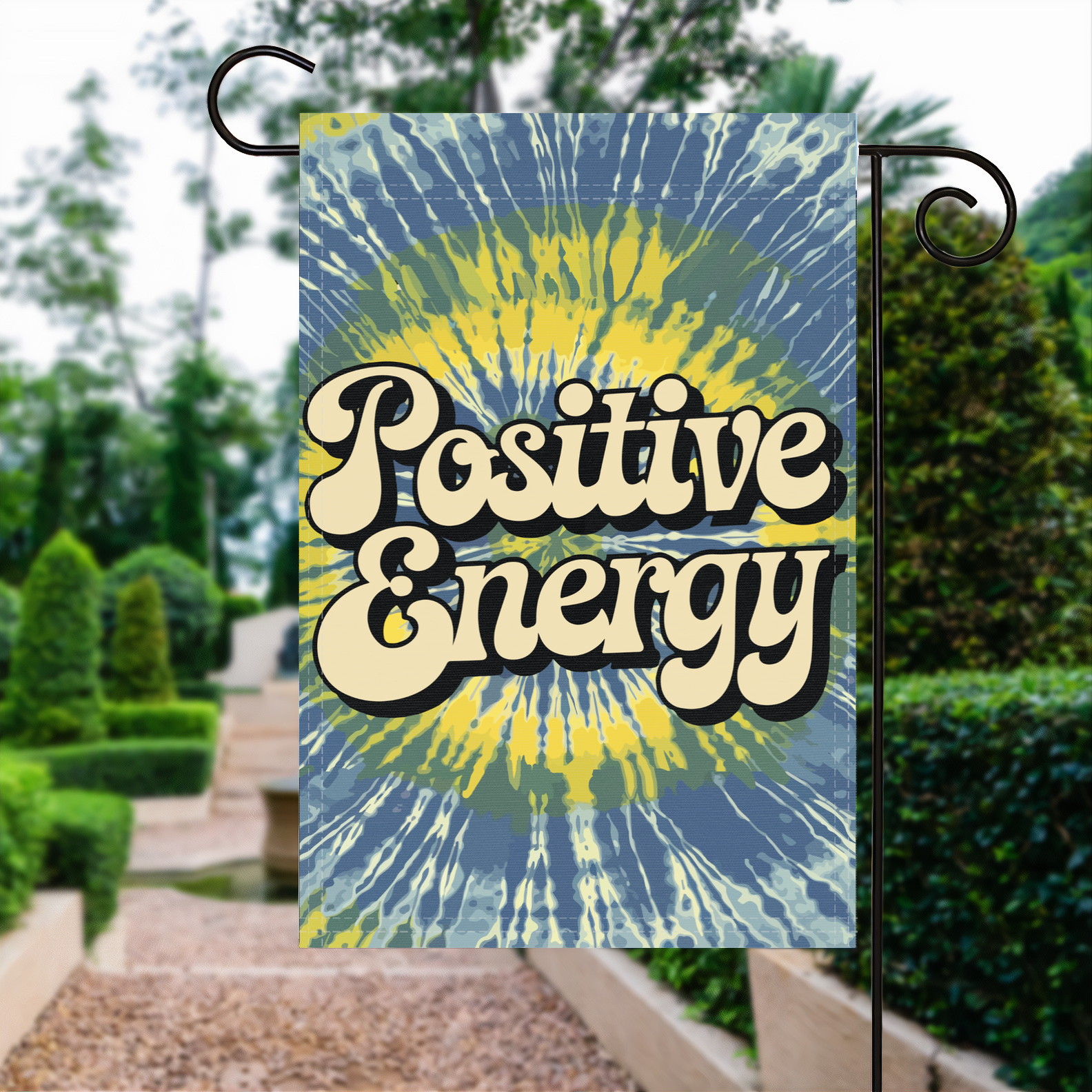 Positive Energy garden flag made of weatherproof polyester displayed in a garden | Bannerfi