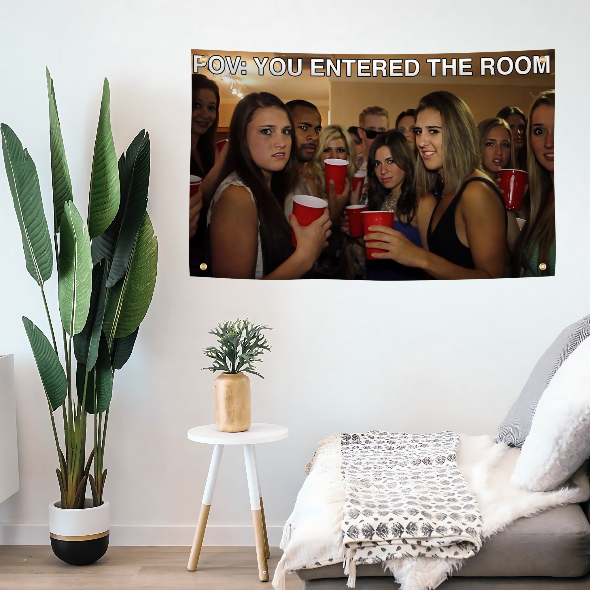 A humorous flag banner with the "POV You Entered The Room" Meme displayed on a wall.