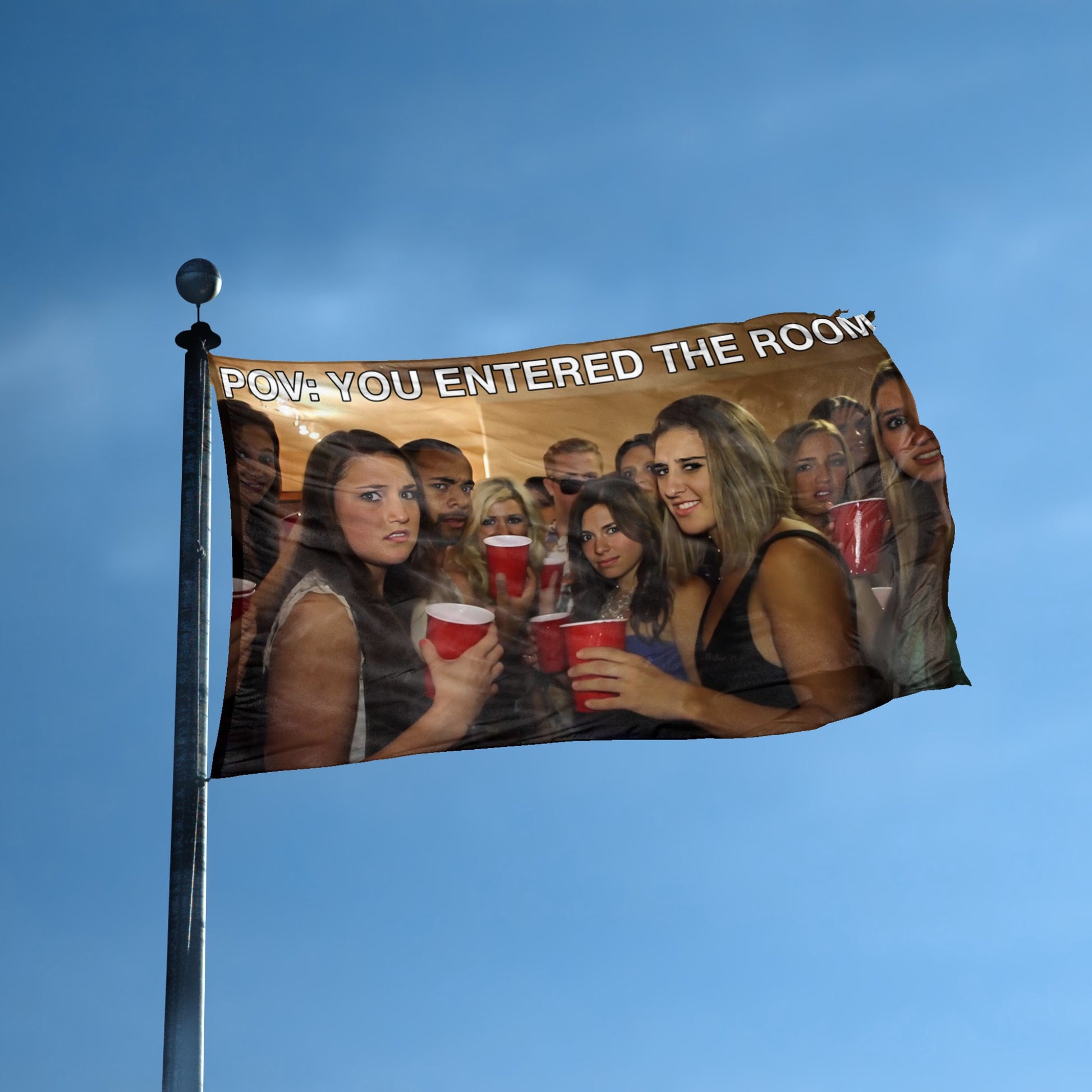 A flag with the theme "POV You Entered The Room Meme" displayed on a tall flag pole and blue skies.