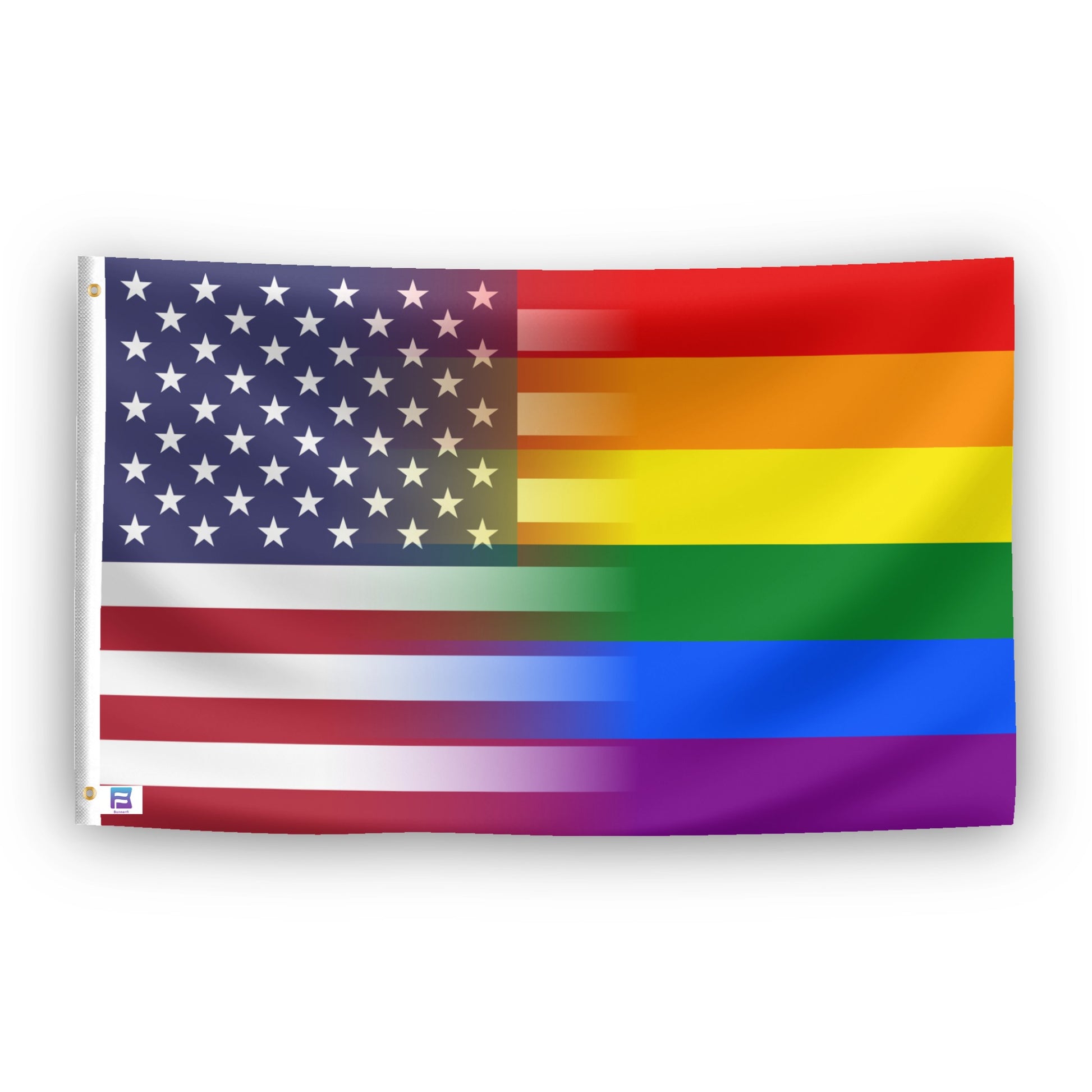 A flag with the theme "Pride & American Blended", displayed with two brass grommets reinforced with a white canvas header.