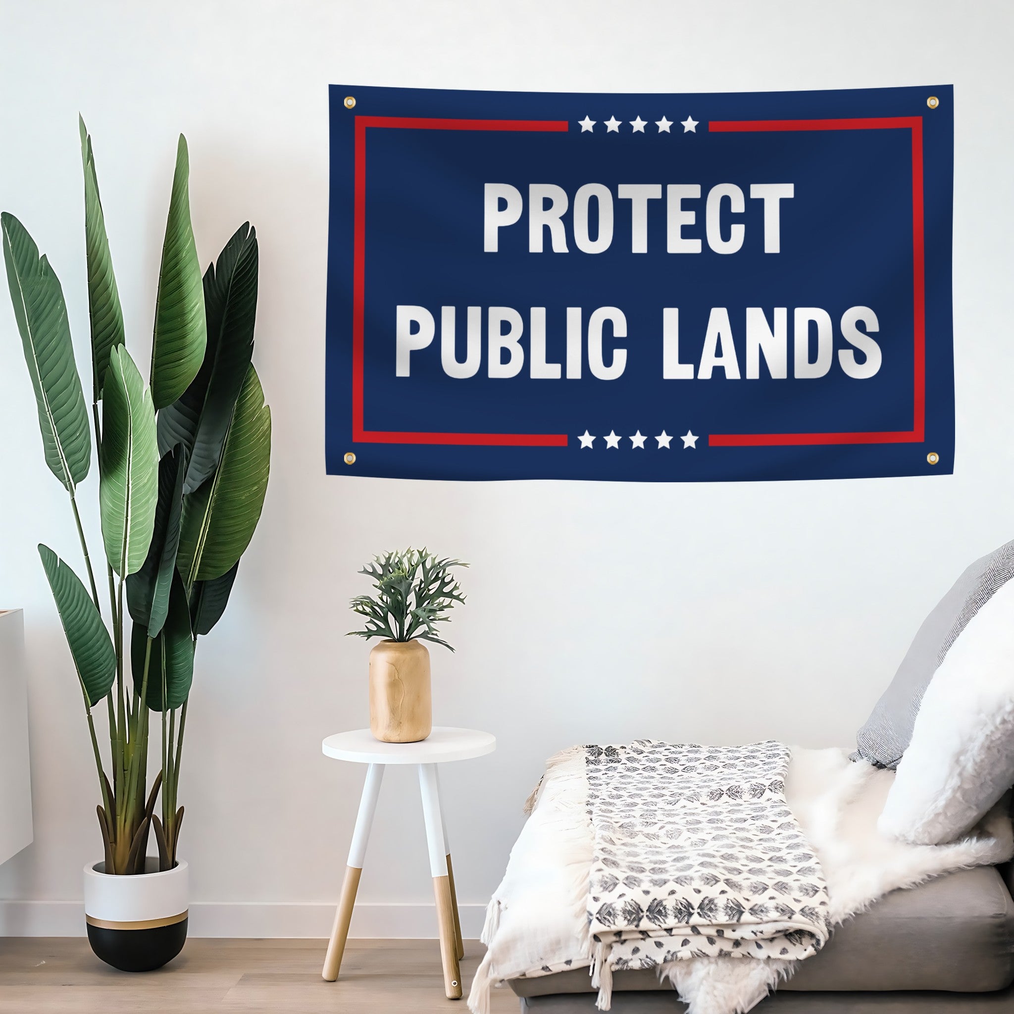 A political flag banner with the saying "Protect Public Lands Political" and 4 grommets mounted on a wall.