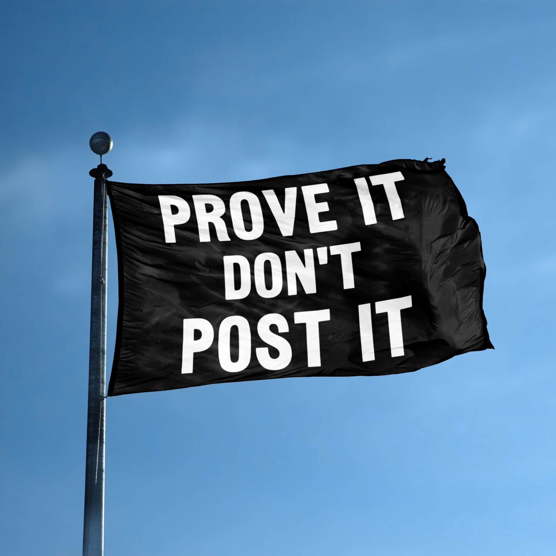 Prove It Don't Post It flag displayed outdoors – weatherproof house banner on pole | Bannerfi