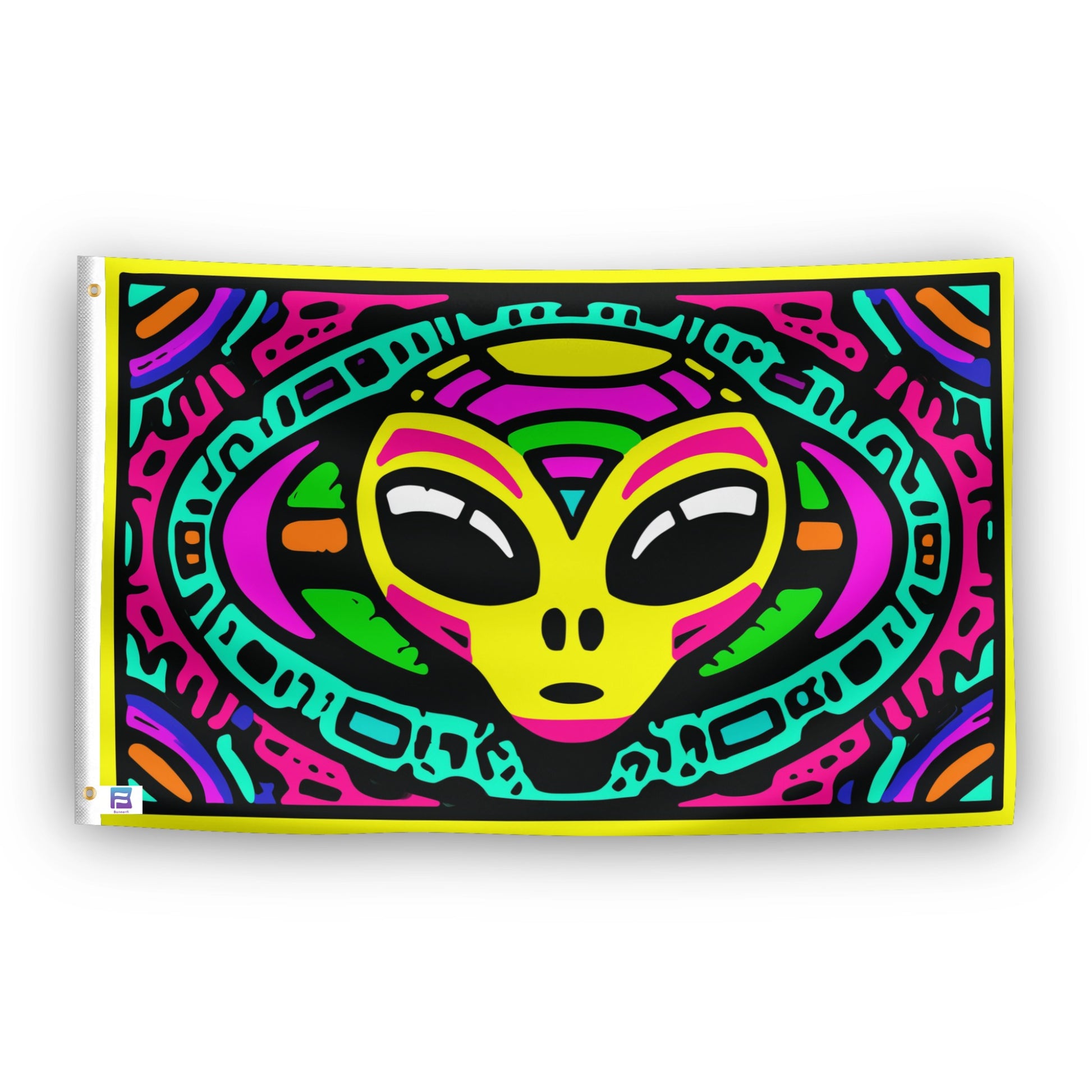 Psychedelic Neon Alien Head Rave flag – weatherproof polyester with brass grommets and canvas header | Bannerfi