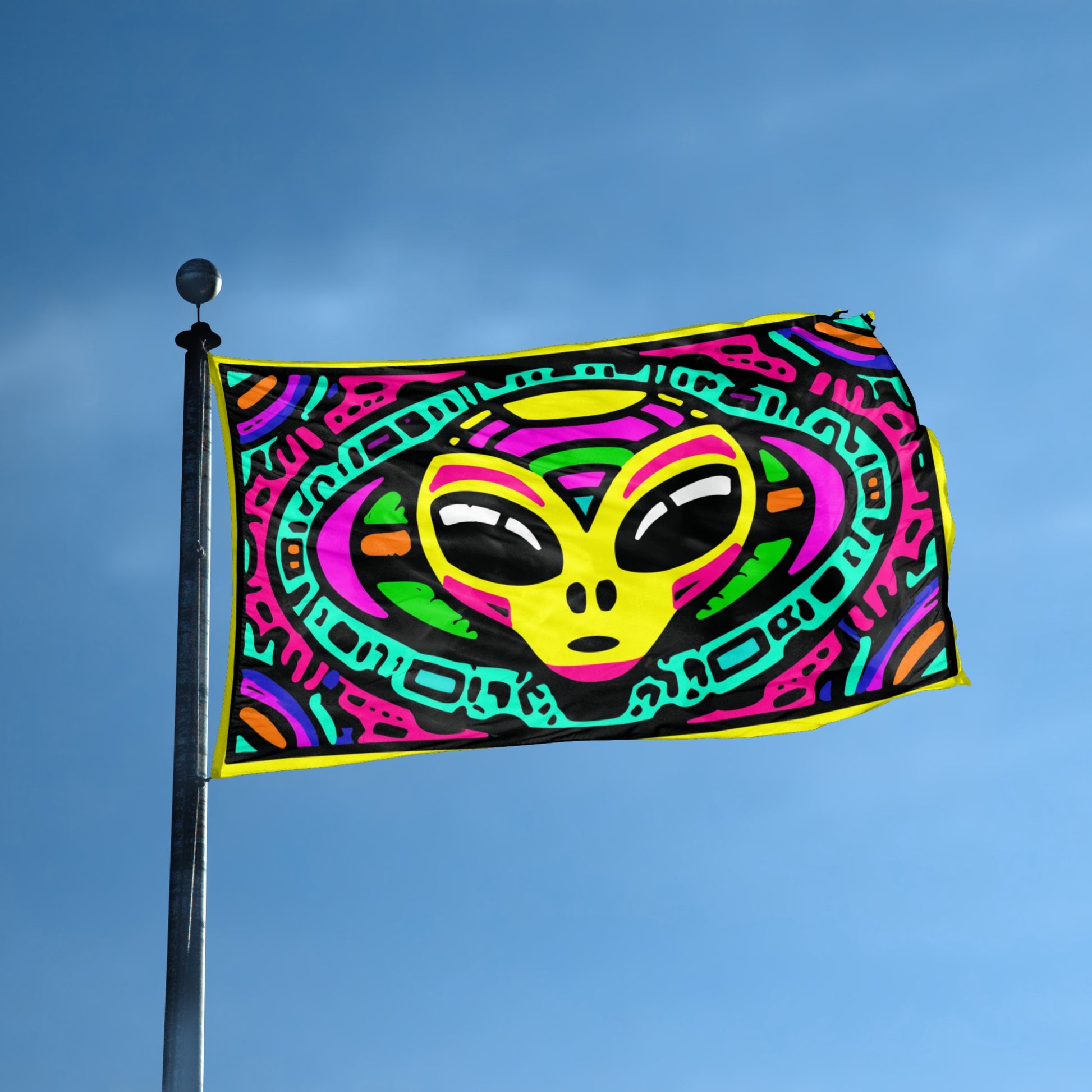 Psychedelic Neon Alien Head Rave flag displayed outdoors – weatherproof house banner on pole | Bannerfi