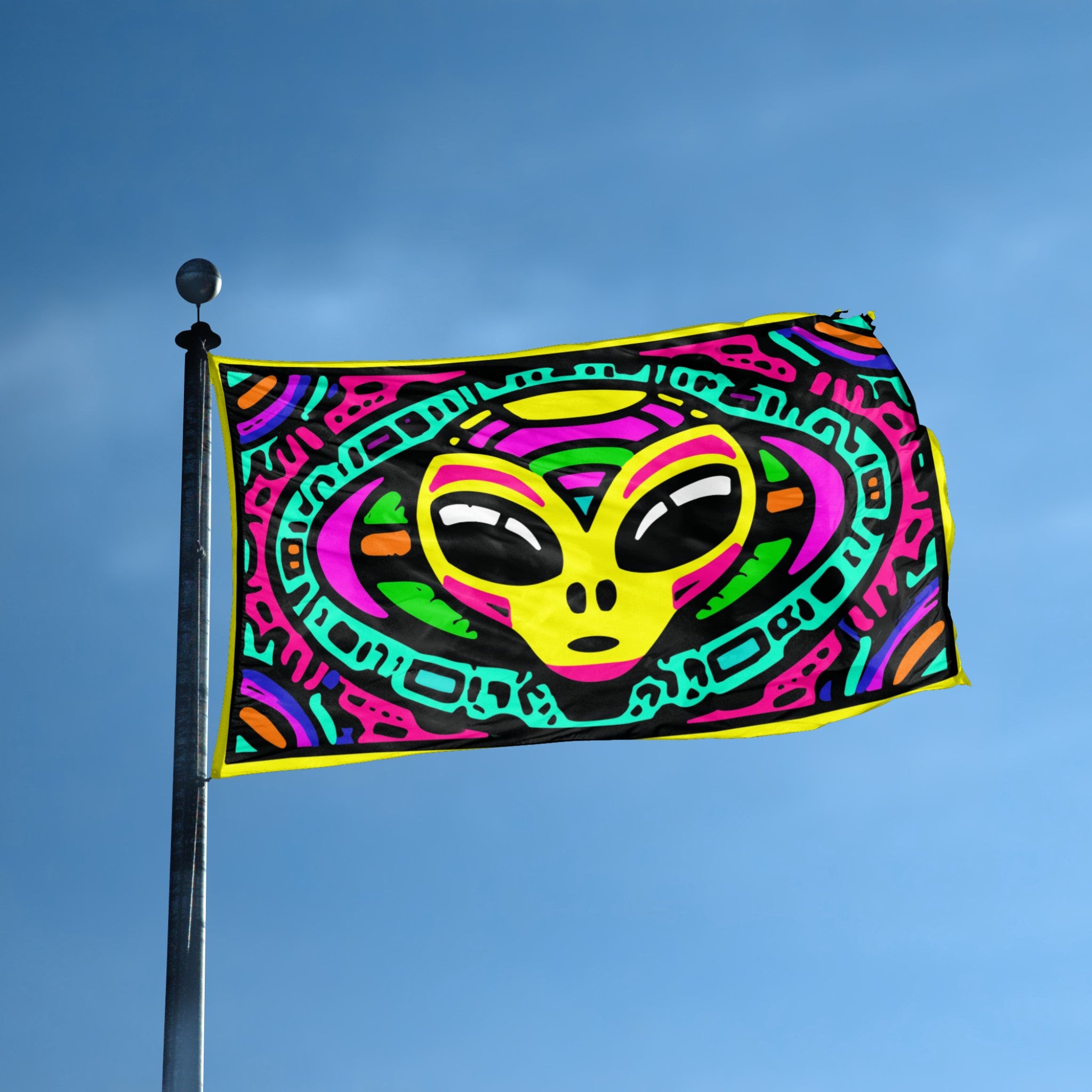 Psychedelic Neon Alien Head Rave flag displayed outdoors – weatherproof house banner on pole | Bannerfi