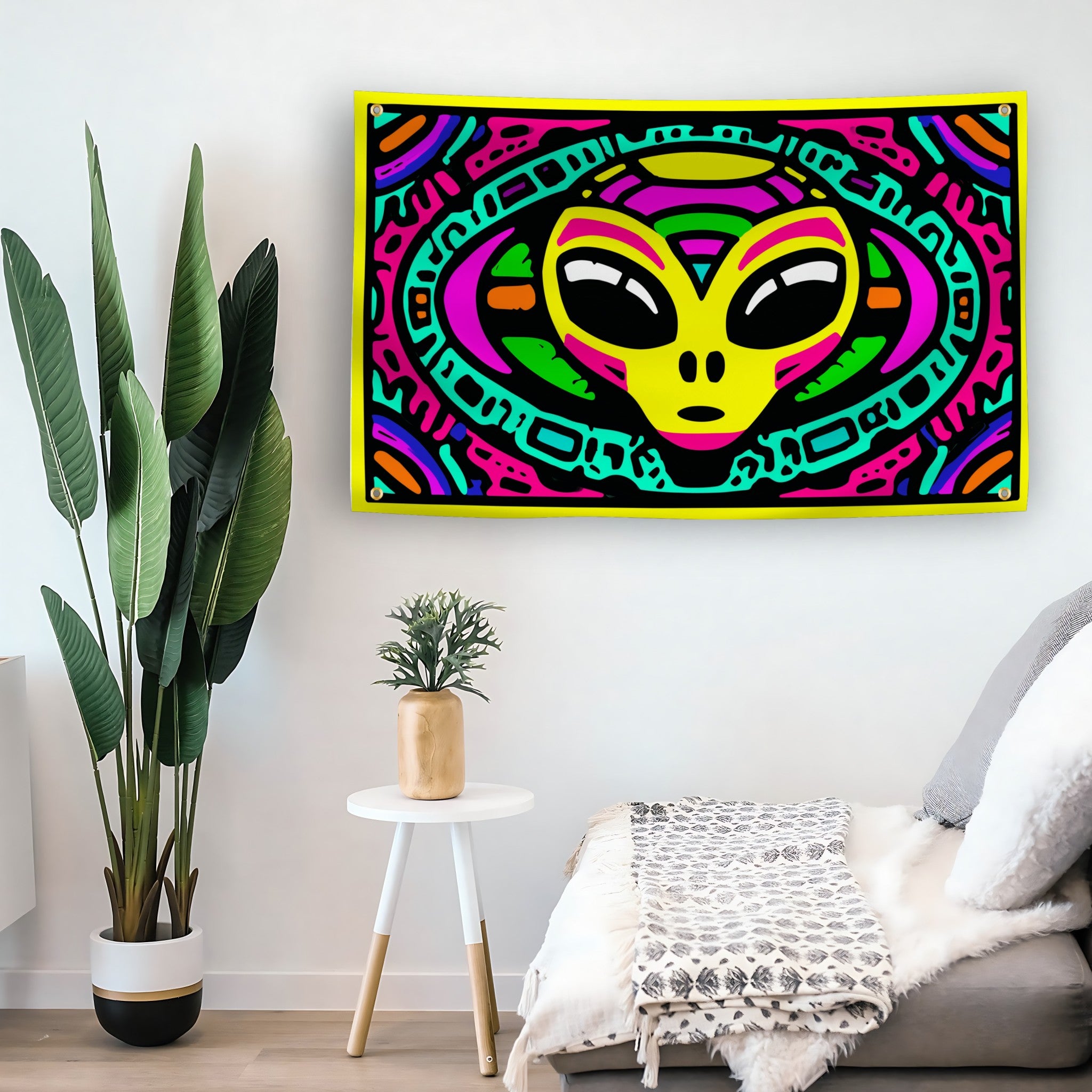 Psychedelic Neon Alien Head Rave flag as indoor wall art – versatile home décor | Bannerfi