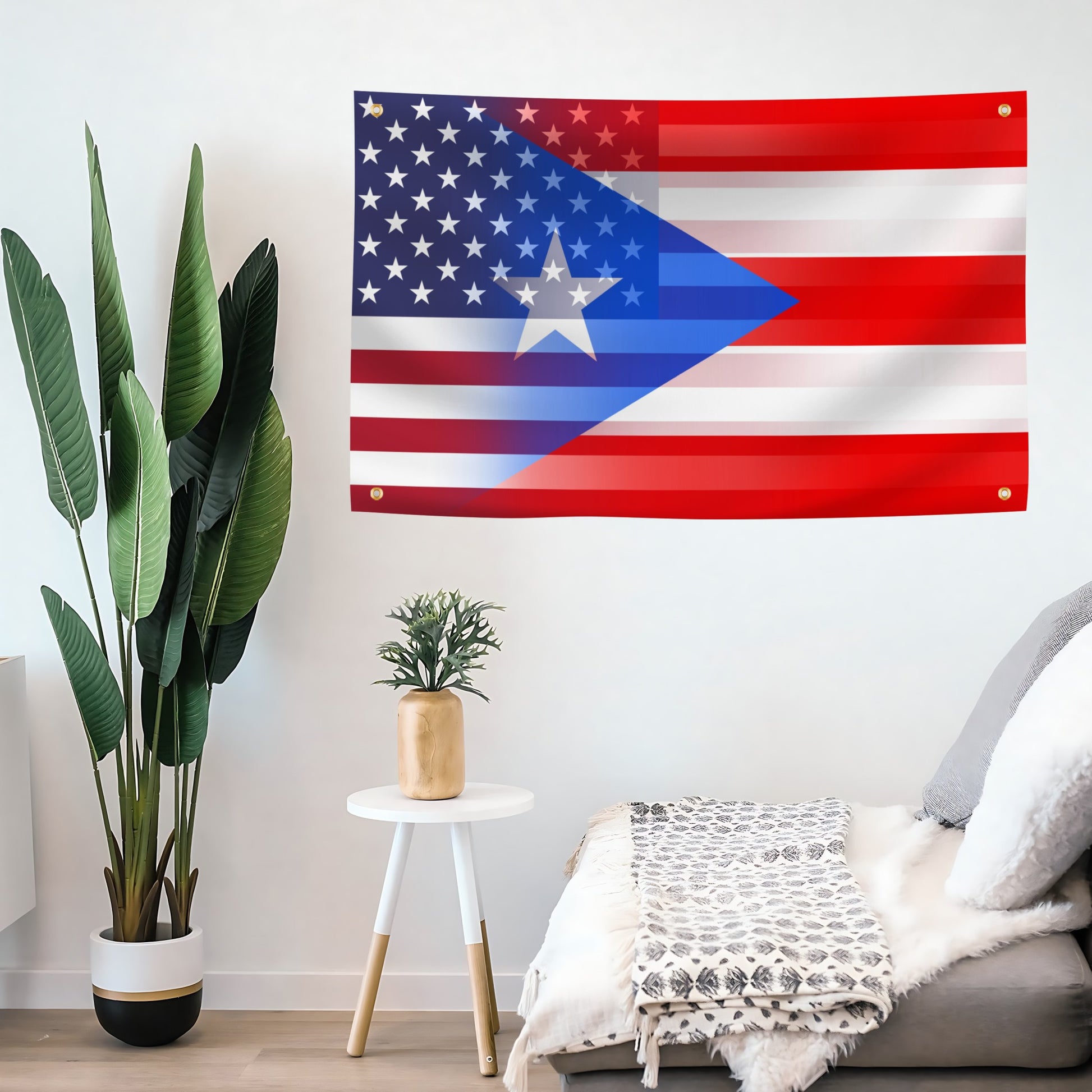 Puerto Rican American Hybrid USA Flag banner mounted on a wall - Flags by Bannerfi
