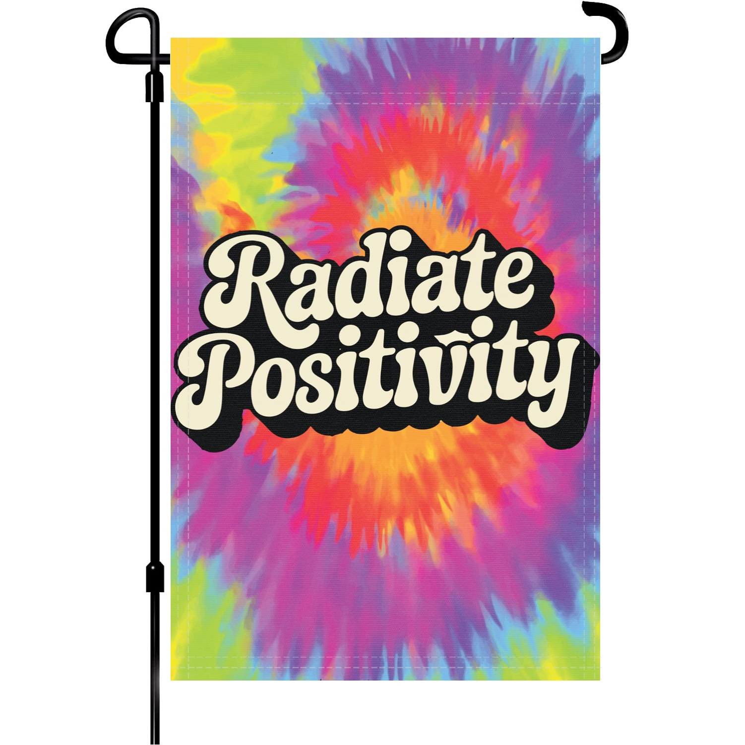 Radiate Postivity garden flag made of weatherproof polyester mounted on a garden flagpole | Bannerfi