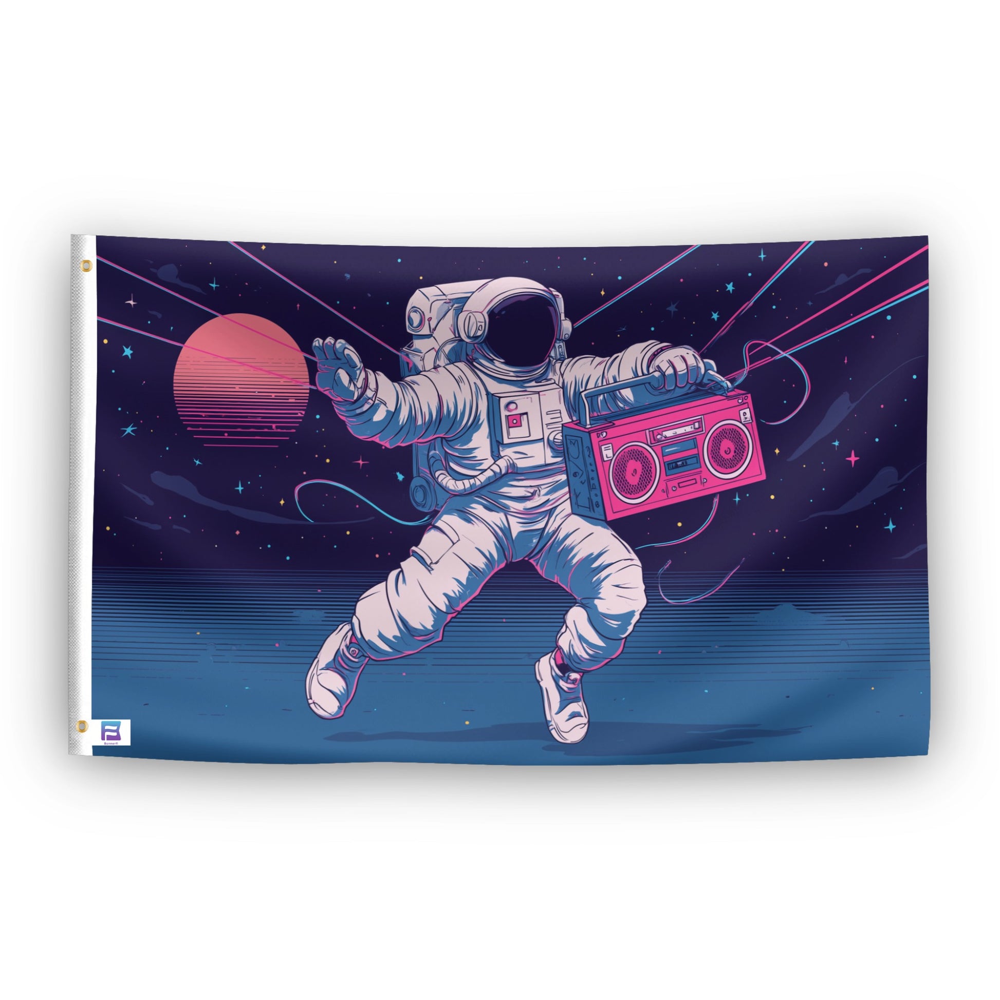 Rave Astronaut Boombox flag – weatherproof polyester with brass grommets and canvas header | Bannerfi