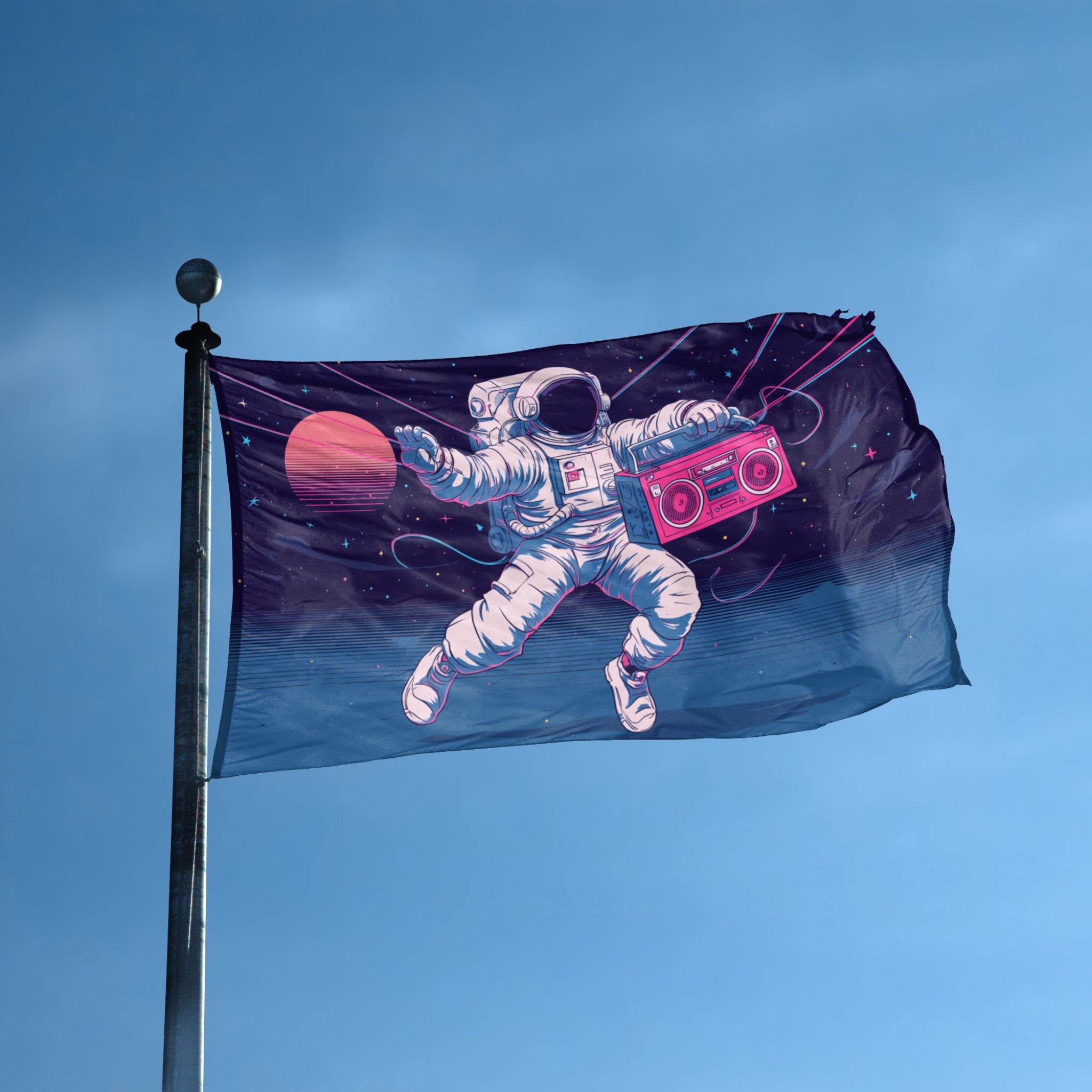 Rave Astronaut Boombox flag displayed outdoors – weatherproof house banner on pole | Bannerfi