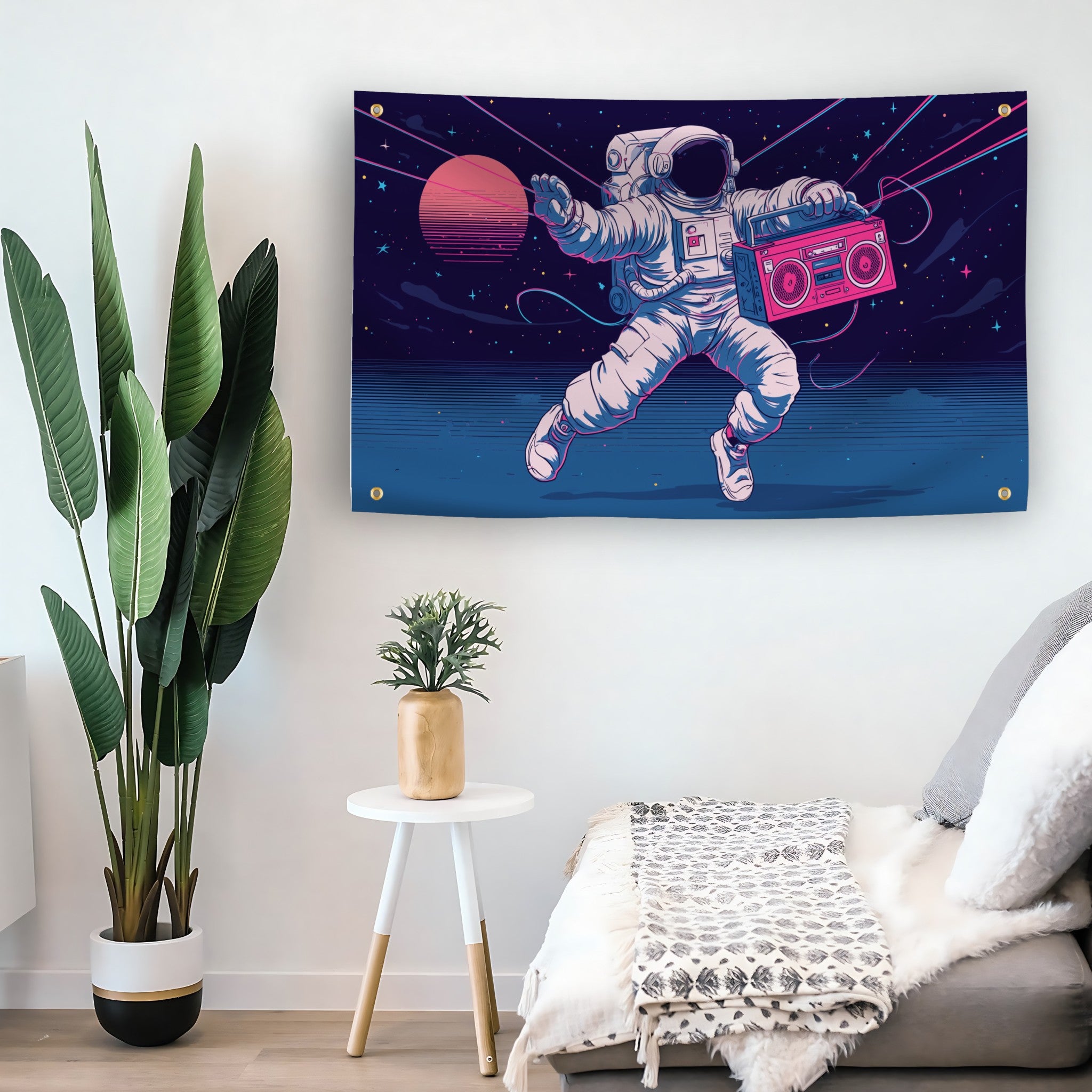 Rave Astronaut Boombox flag as indoor wall art – versatile home décor | Bannerfi