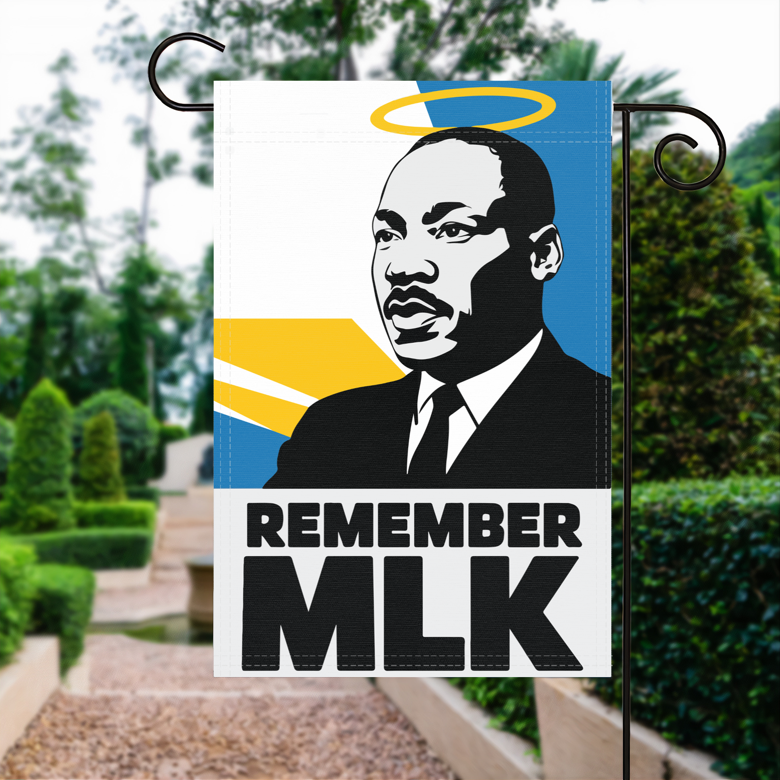 Remember Mlk garden flag made of weatherproof polyester displayed in a garden | Bannerfi