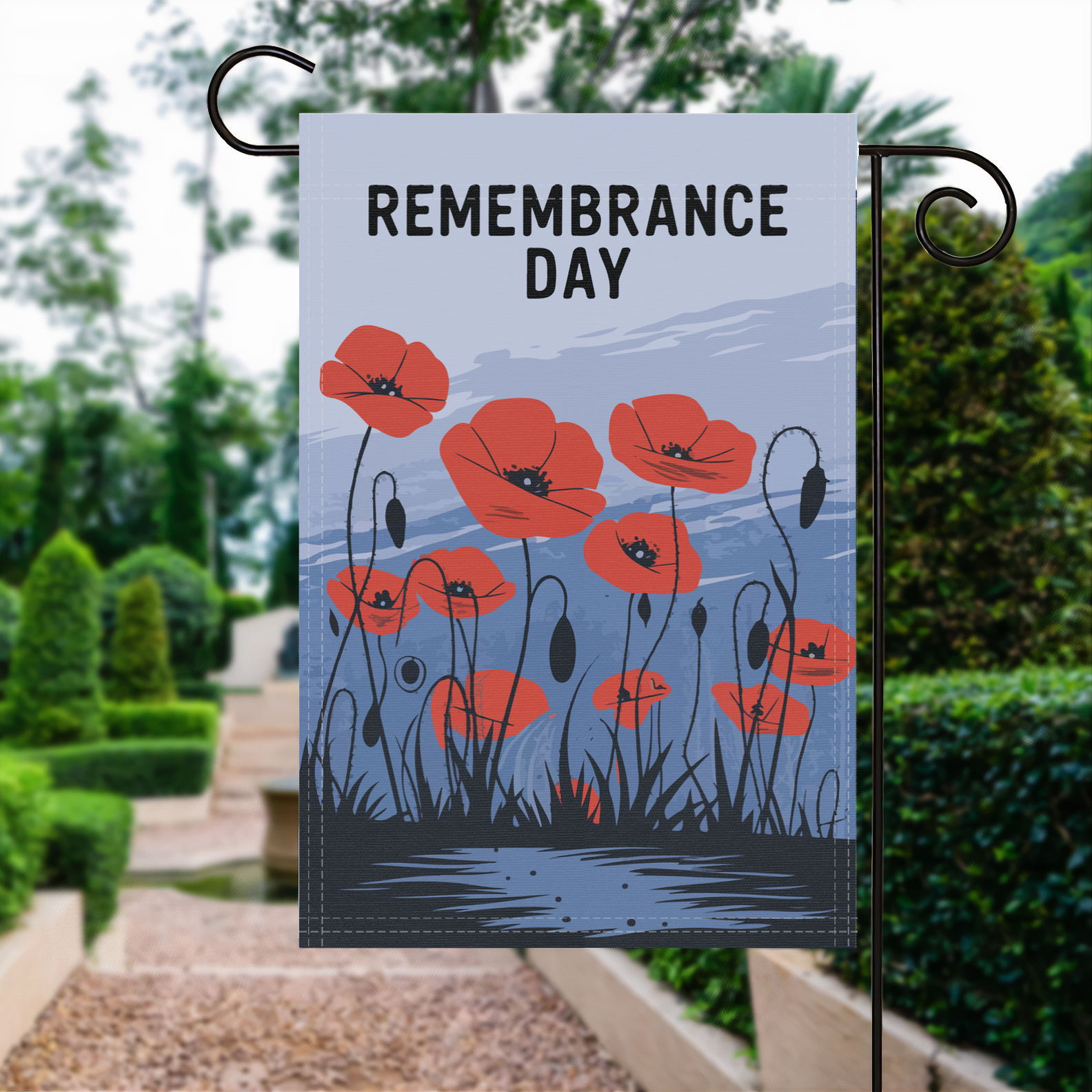Remembrance Day garden flag made of weatherproof polyester displayed in a garden | Bannerfi