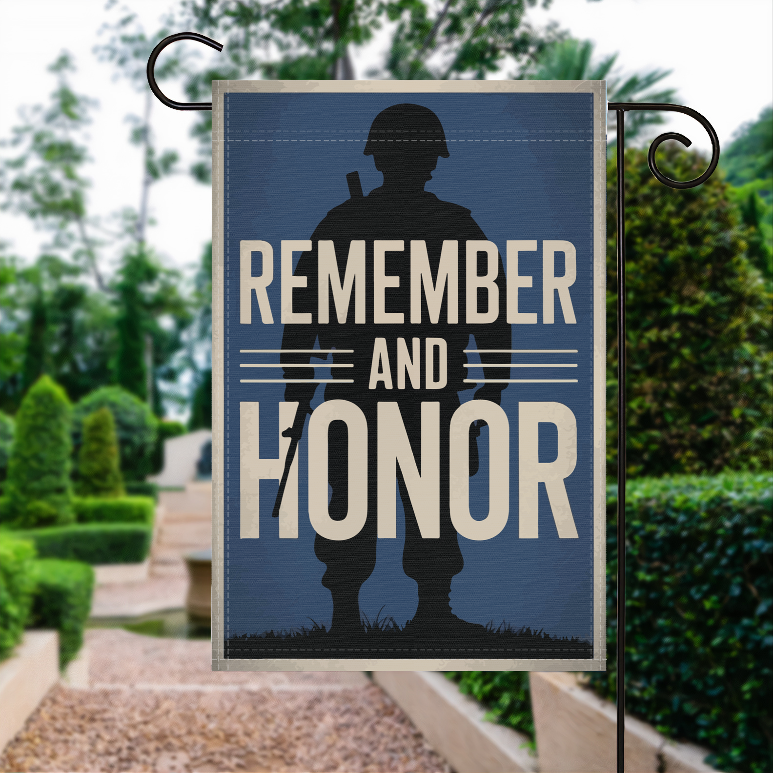Rememebr And Honor garden flag made of weatherproof polyester displayed in a garden | Bannerfi
