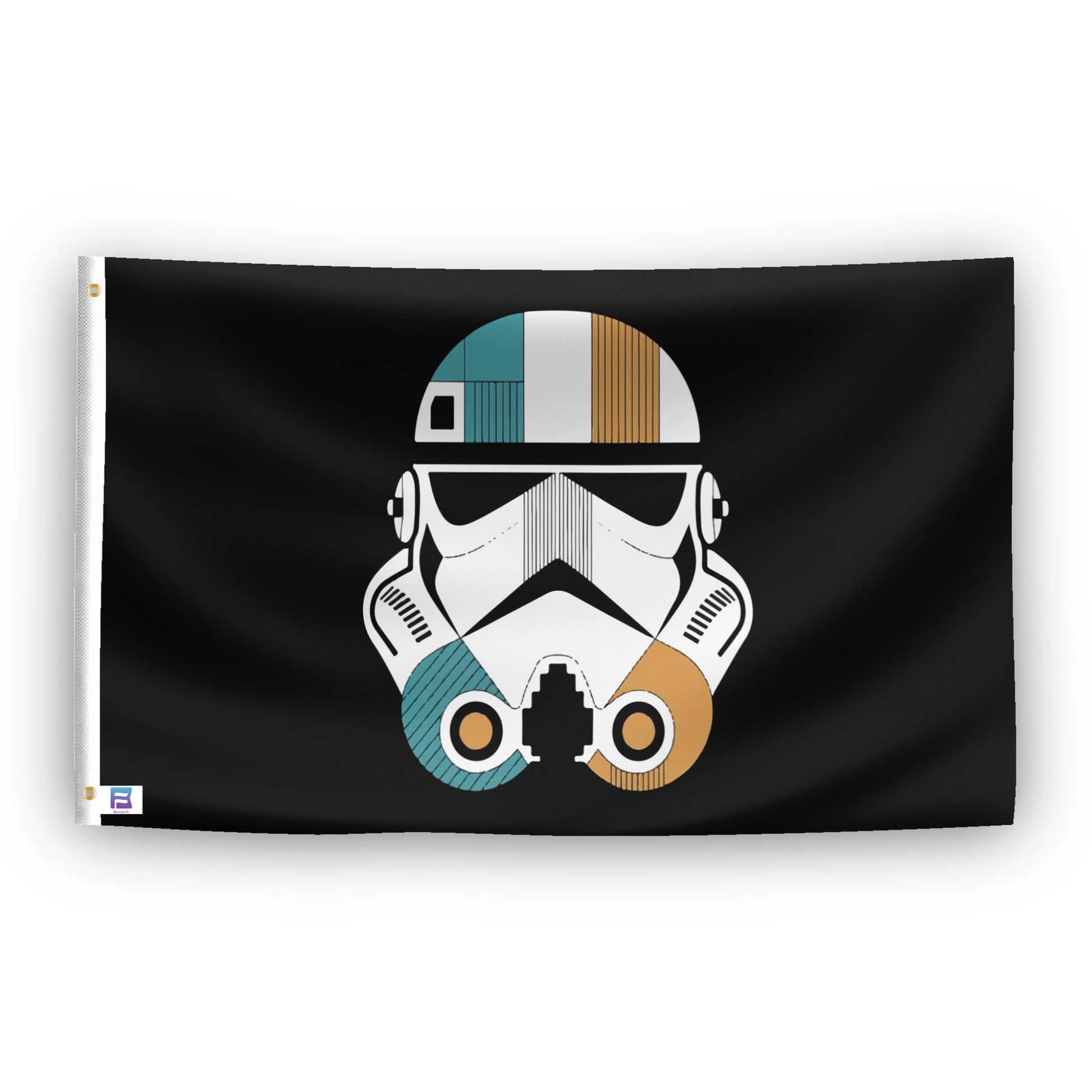 A flag with the theme "Star Wars Retro Stormtrooper Helmet", displayed with two brass grommets reinforced with a white canvas header.