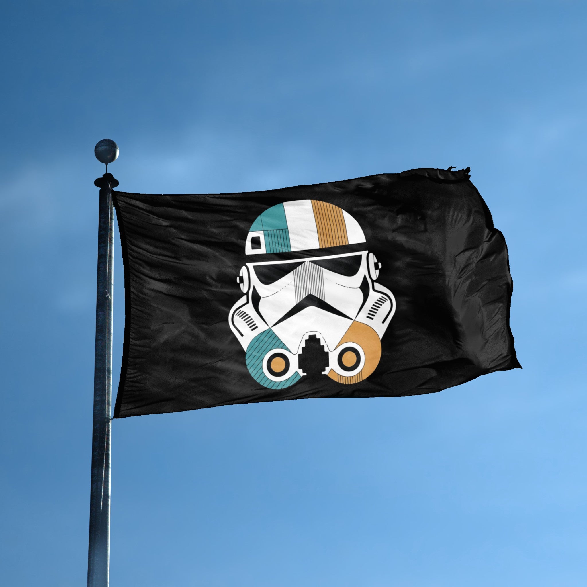 A flag with the theme "Star Wars Retro Stormtrooper Helmet" displayed on a tall flag pole and blue skies.