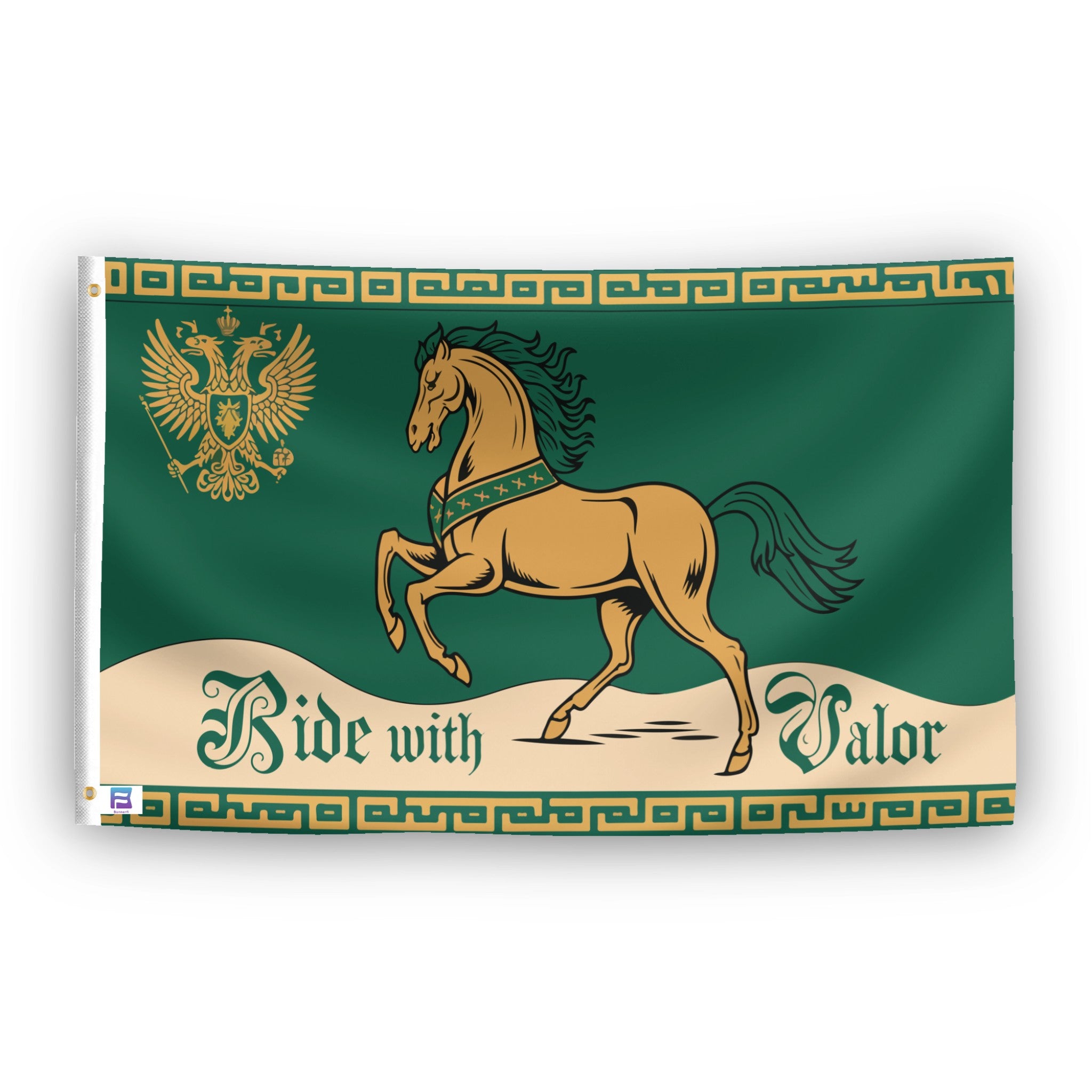 A flag with the theme "LOTR Rohan Horse Ride With Valor Coat Of Arms", displayed with two brass grommets reinforced with a white canvas header.
