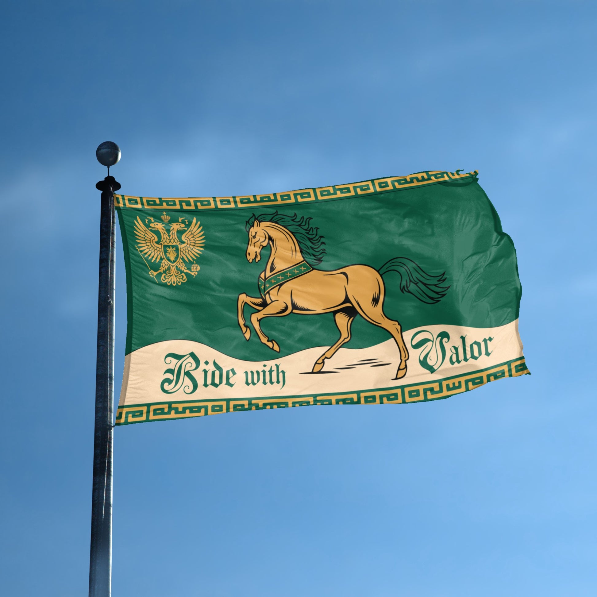 A flag with the theme "LOTR Rohan Horse Ride With Valor Coat Of Arms" displayed on a tall flag pole and blue skies.