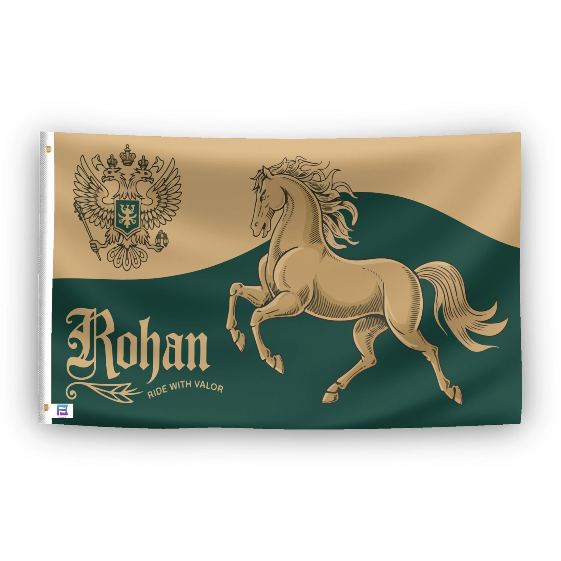 A flag with the theme "LOTR Rohan Horse Ride With Valor", displayed with two brass grommets reinforced with a white canvas header.