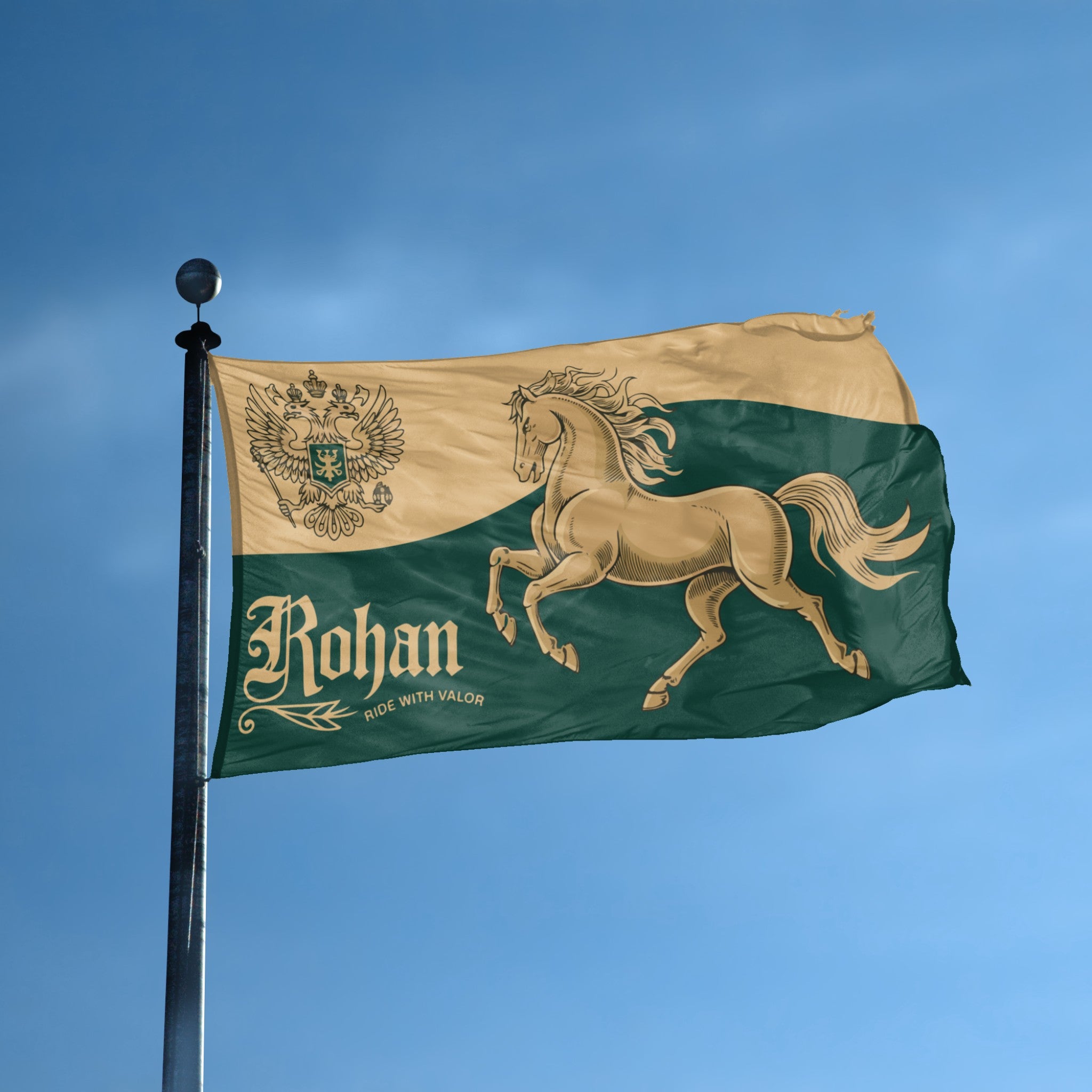 A flag with the theme "LOTR Rohan Horse Ride With Valor" displayed on a tall flag pole and blue skies.