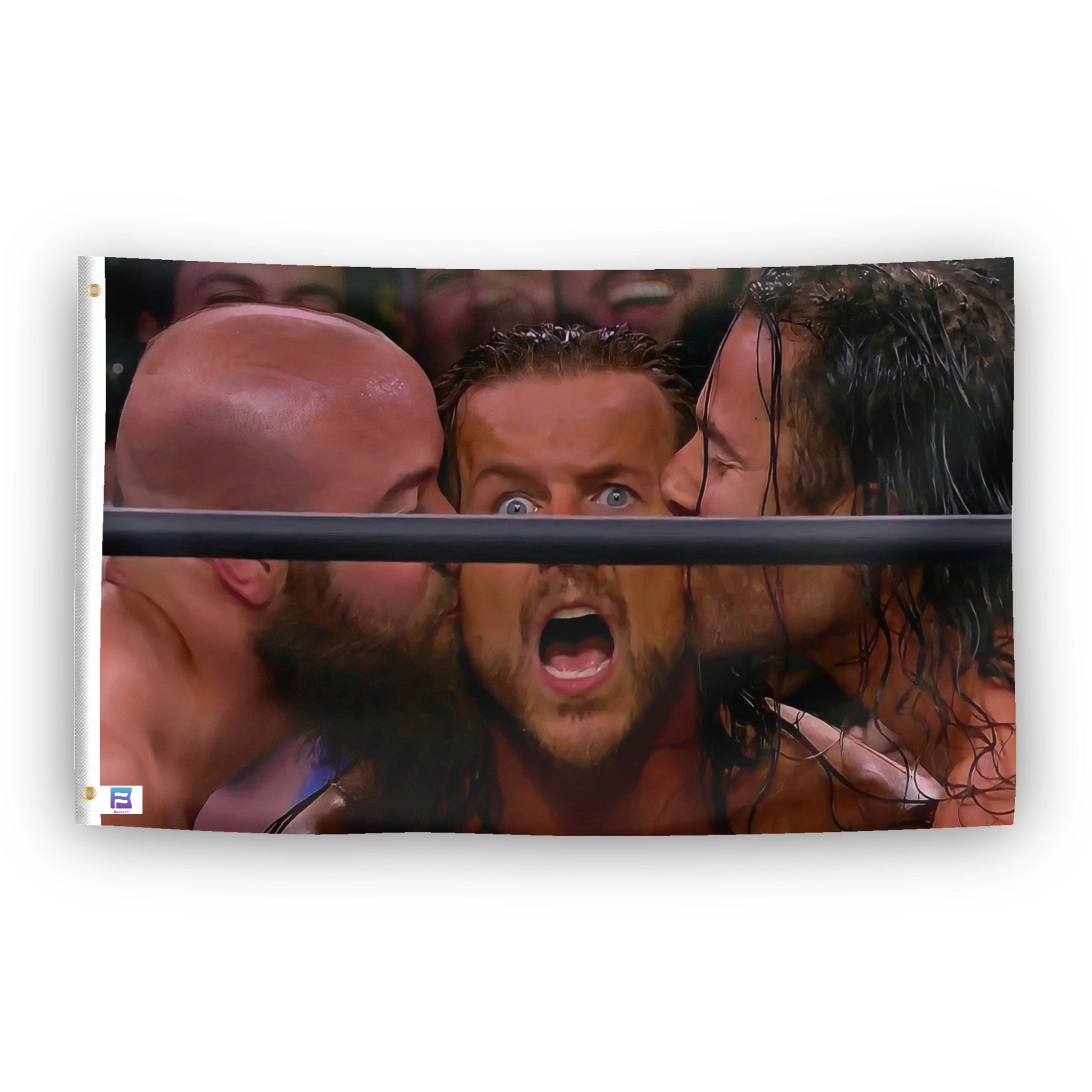 A flag with the theme "Ringside Surprise Kiss Meme", displayed with two brass grommets reinforced with a white canvas header.