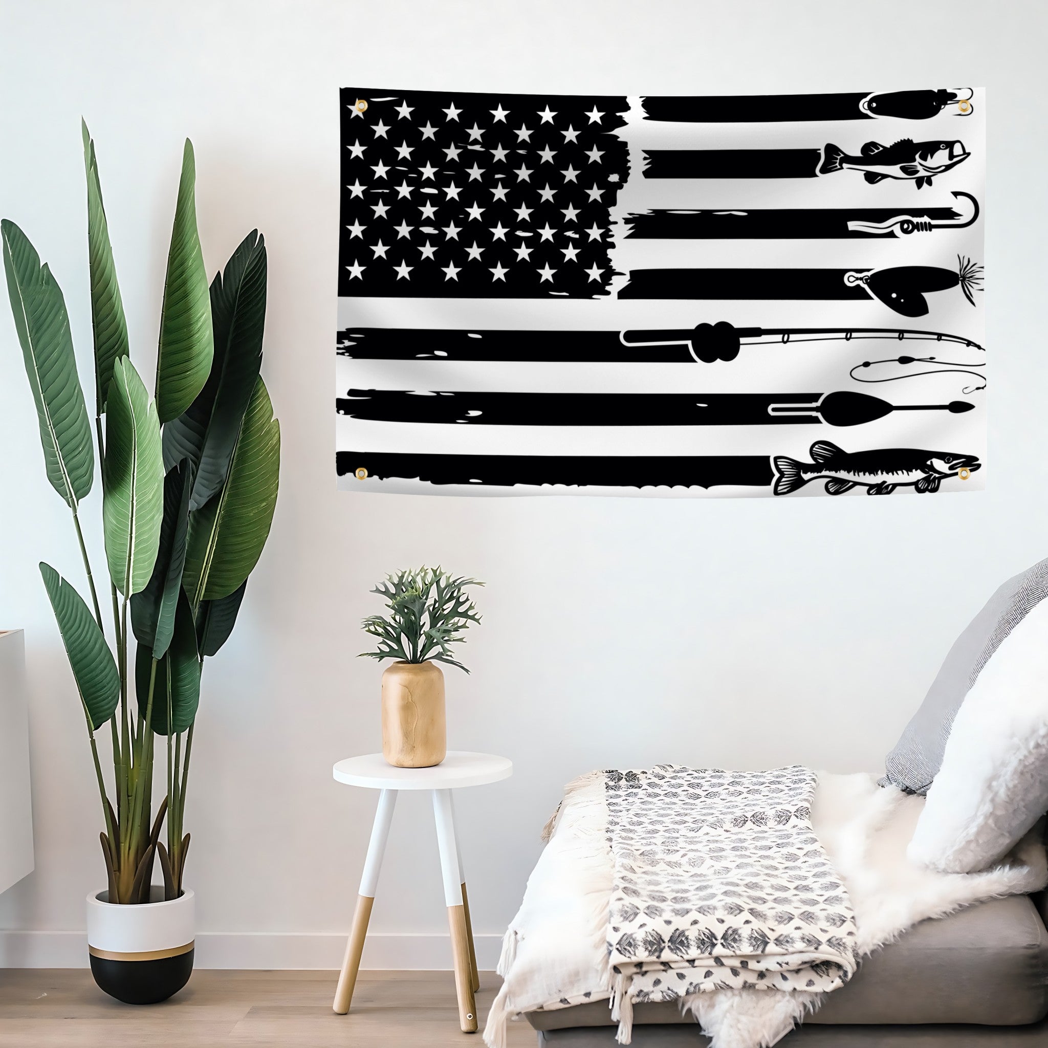 Black and white American flag banner wall art with fishing elements in a living room setting.