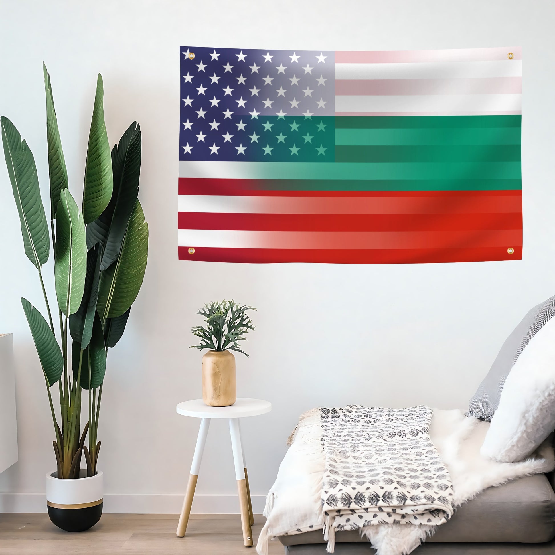Bulgarian American Hybrid Flag banner hanging on a living room wall. 