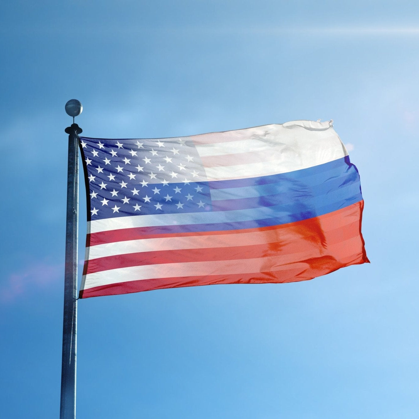 A hybrid flag featuring elements of the Russian and American flags, with a stars and stripes pattern flying on a pole