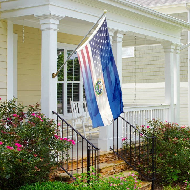 Salvadoran American Hybrid Flag on a front porch- Flags by Bannerfi