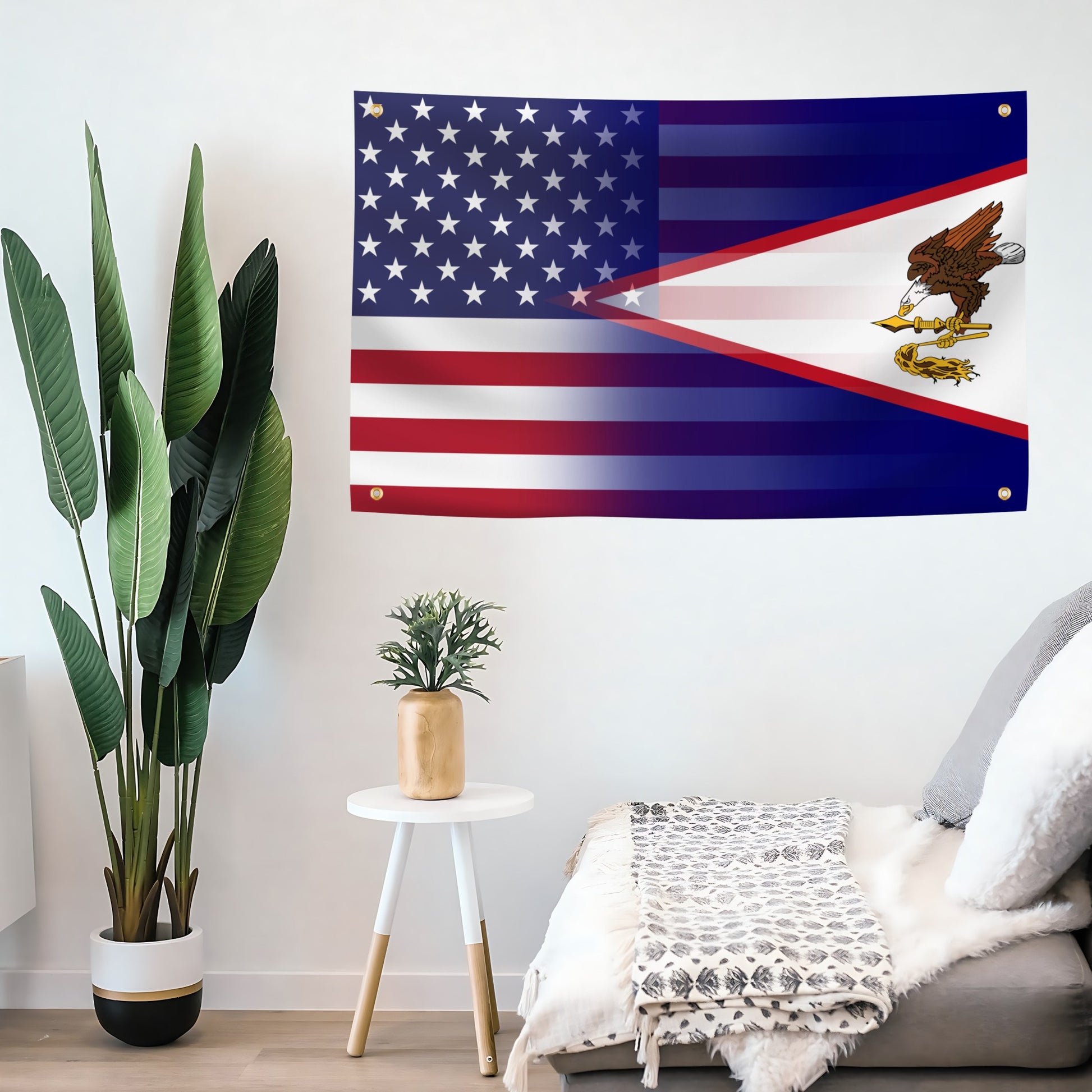 American Samoa & American Flag Blend with 4 grommets on a living room wall. 