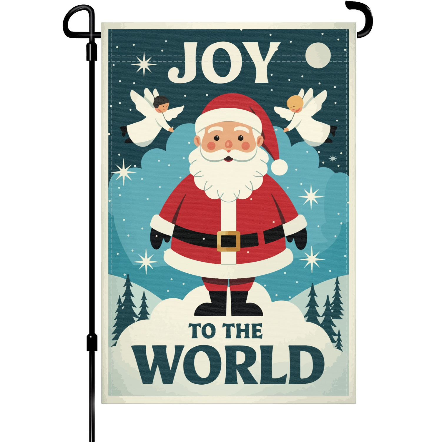 Santa Clause Joy To The World garden flag made of weatherproof polyester mounted on a garden flagpole | Bannerfi