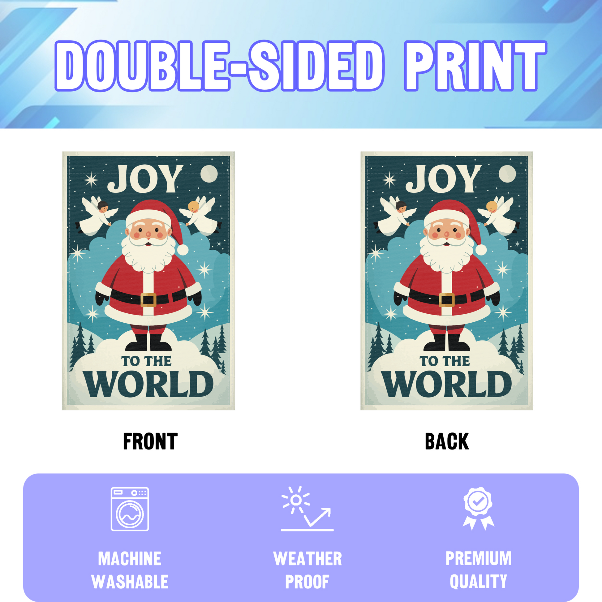 Santa Clause Joy To The World garden flag displayed in an infographic, showing the double sided print and high quality characteristics | Bannerfi