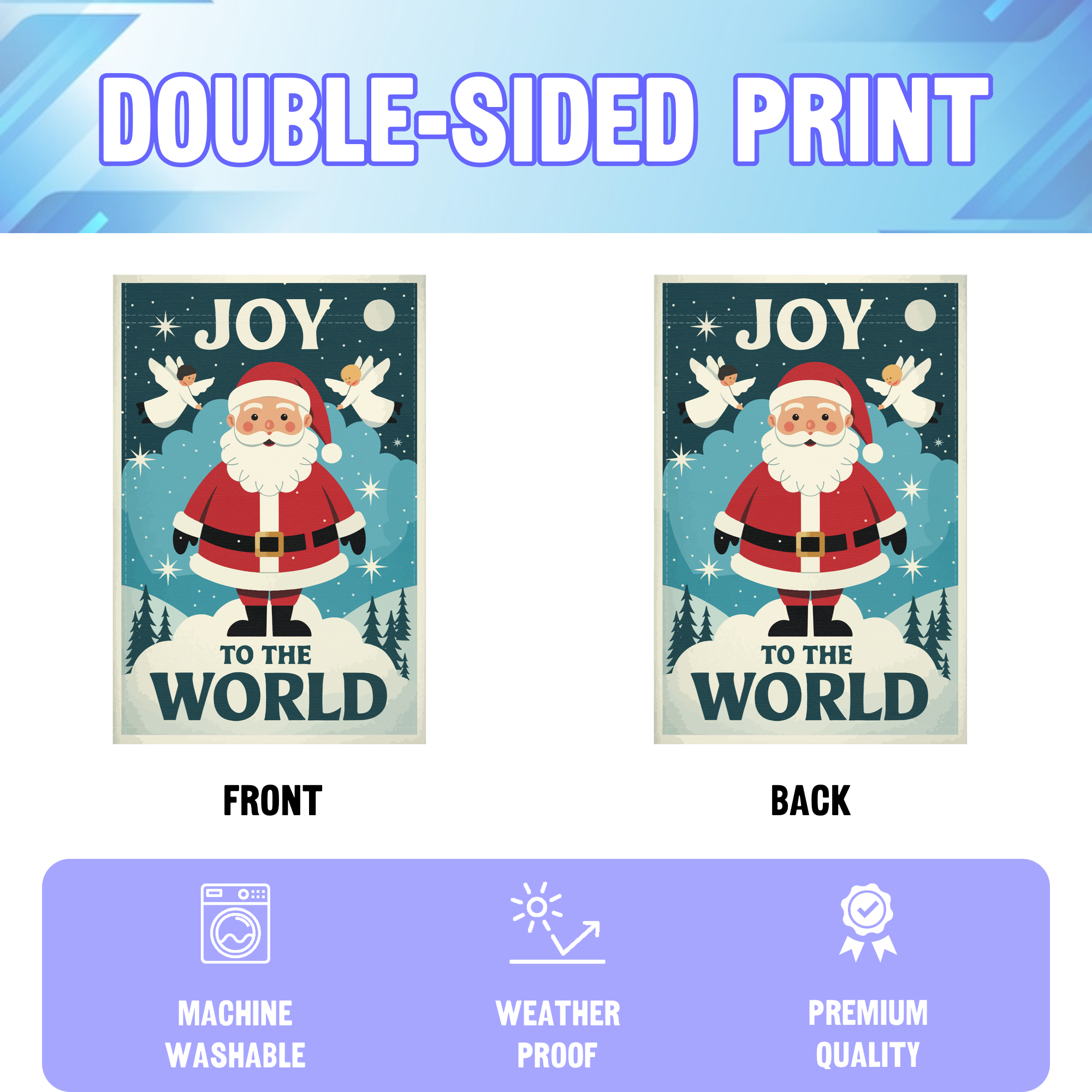 Santa Clause Joy To The World garden flag displayed in an infographic, showing the double sided print and high quality characteristics | Bannerfi