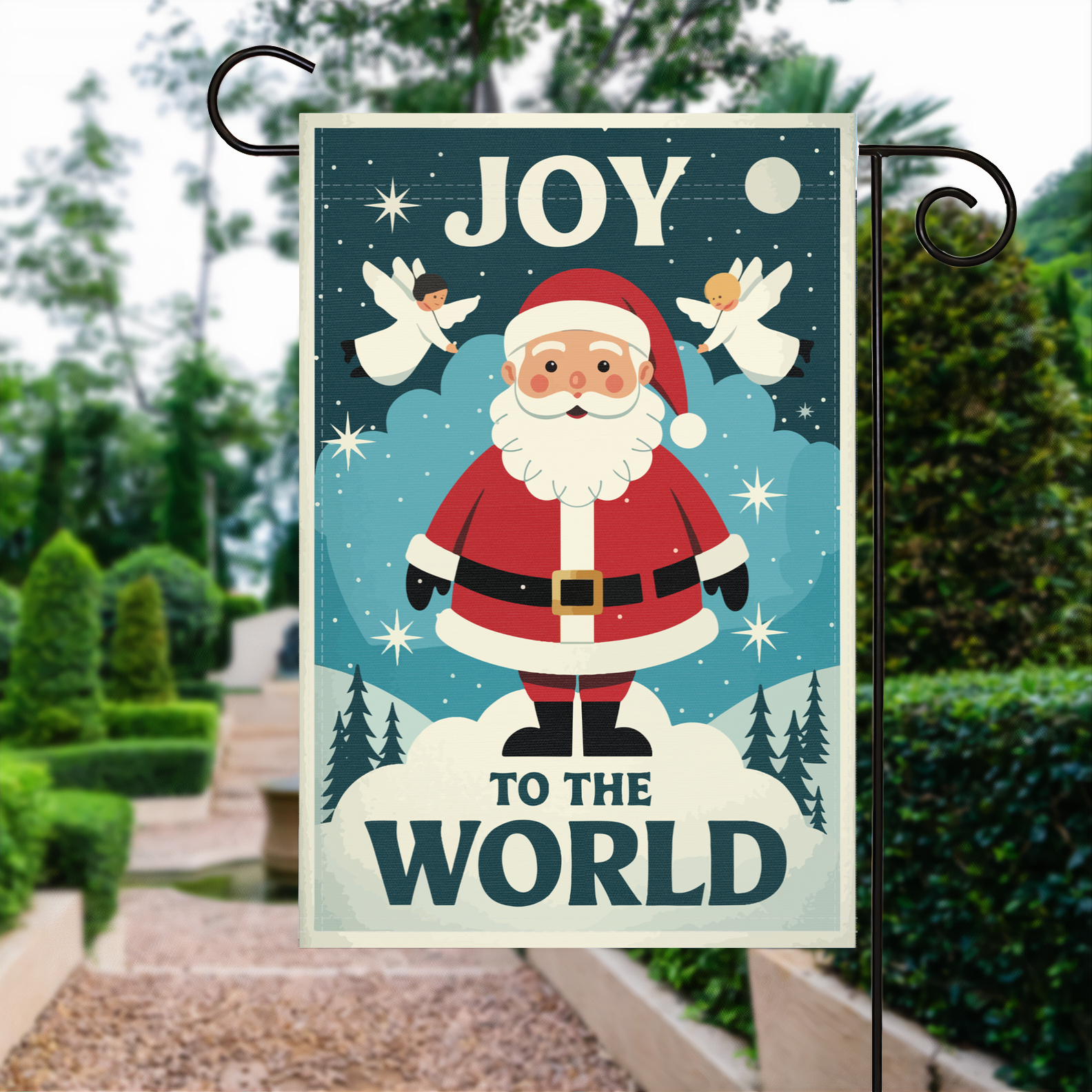 Santa Clause Joy To The World garden flag made of weatherproof polyester displayed in a garden | Bannerfi