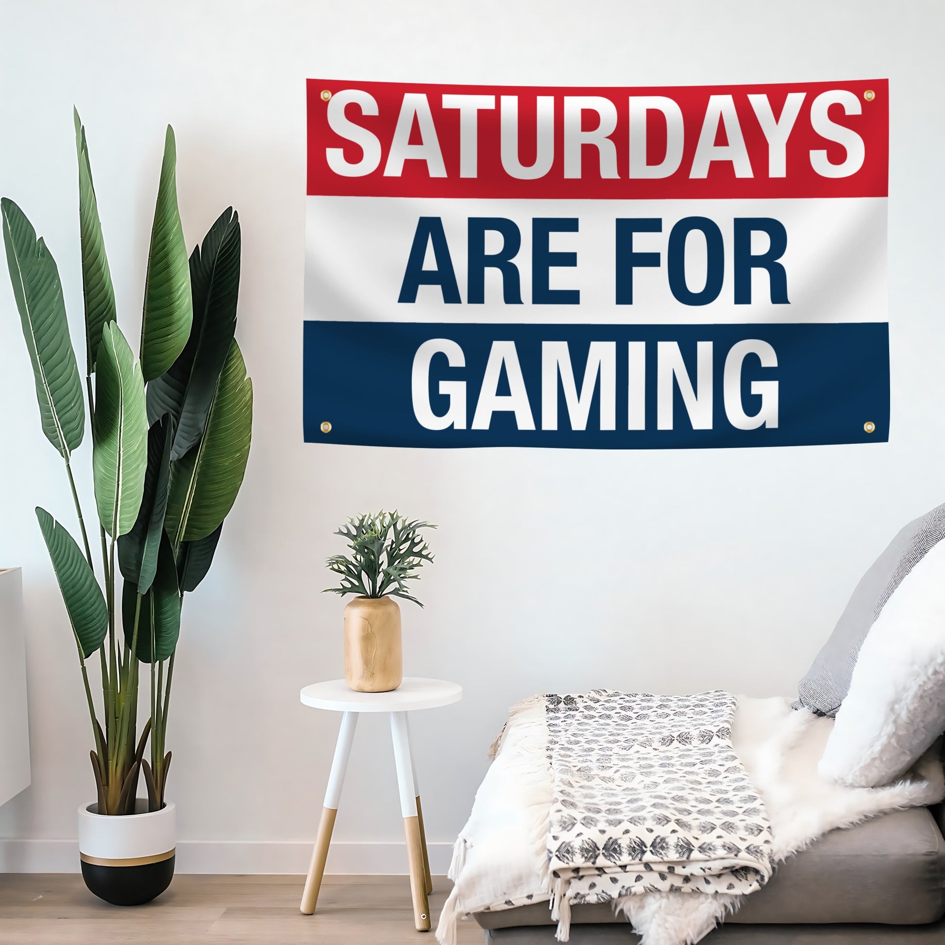 Living room with a 'Saturdays are for Gaming' flag banner on the wall.