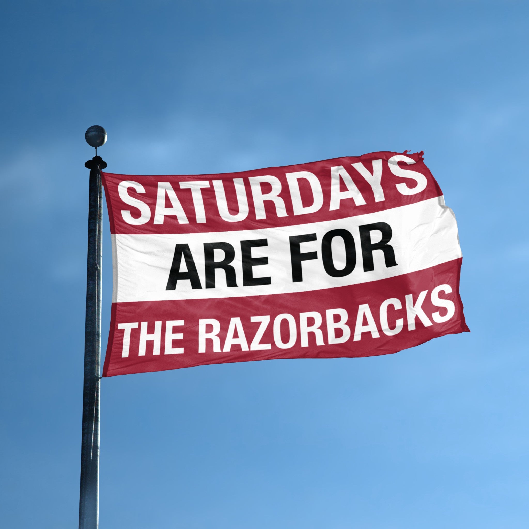 Flag with 'Saturdays are for the Razorbacks' text against a blue sky