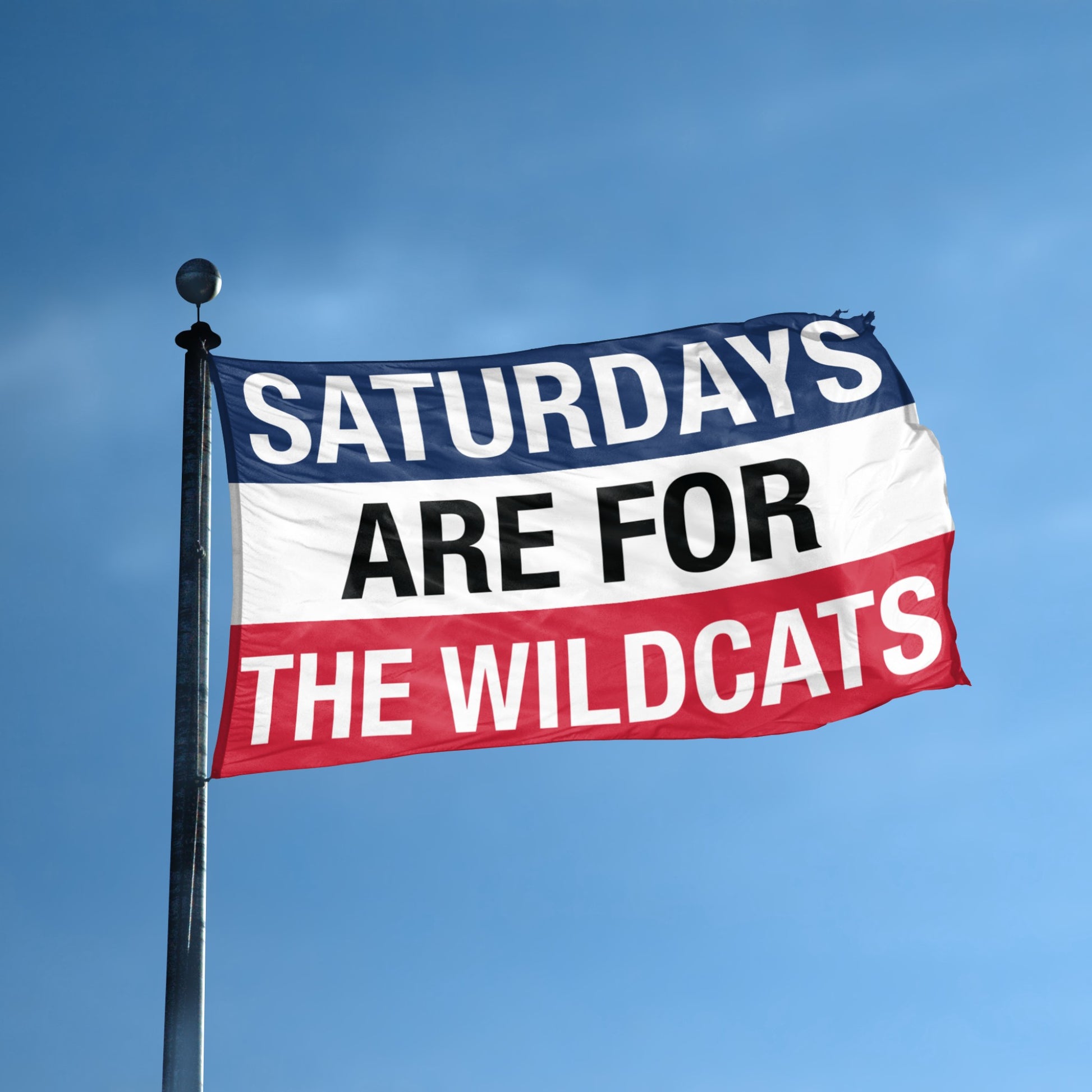 Flag with 'Saturdays are for the Wildcats' text against a blue sky