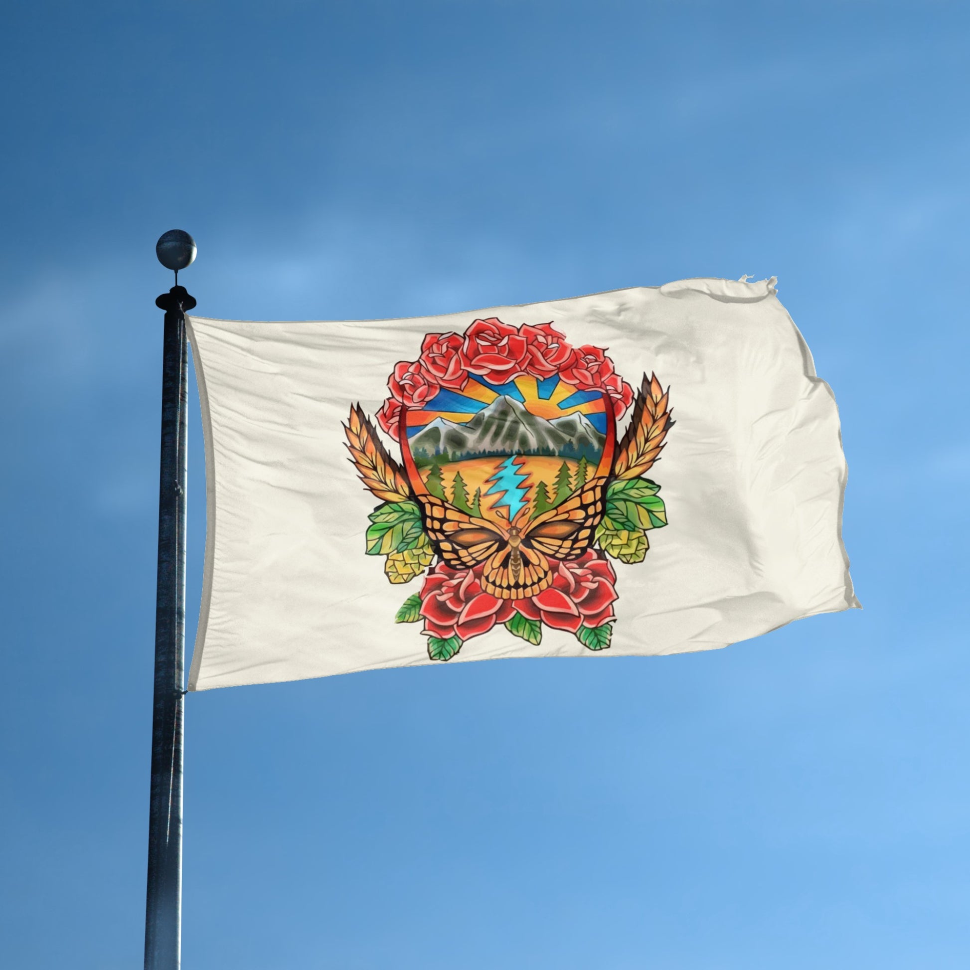 grateful dead skull Flag with a colorful design featuring a butterfly, flowers, and mountains against a blue sky.