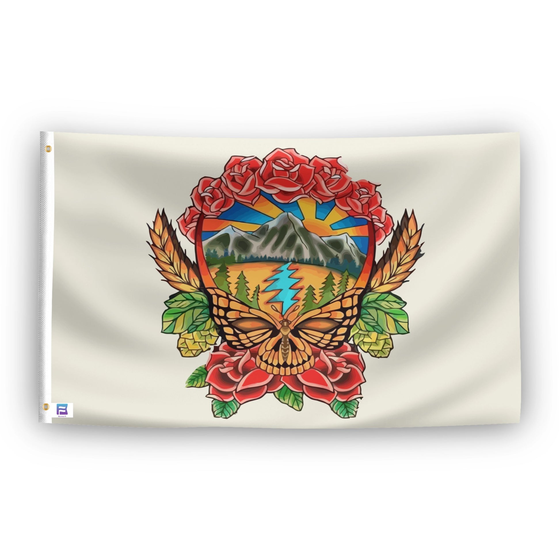 Flag with a colorful grateful dead skull design featuring a butterfly, roses, and a mountain landscape on a beige background.