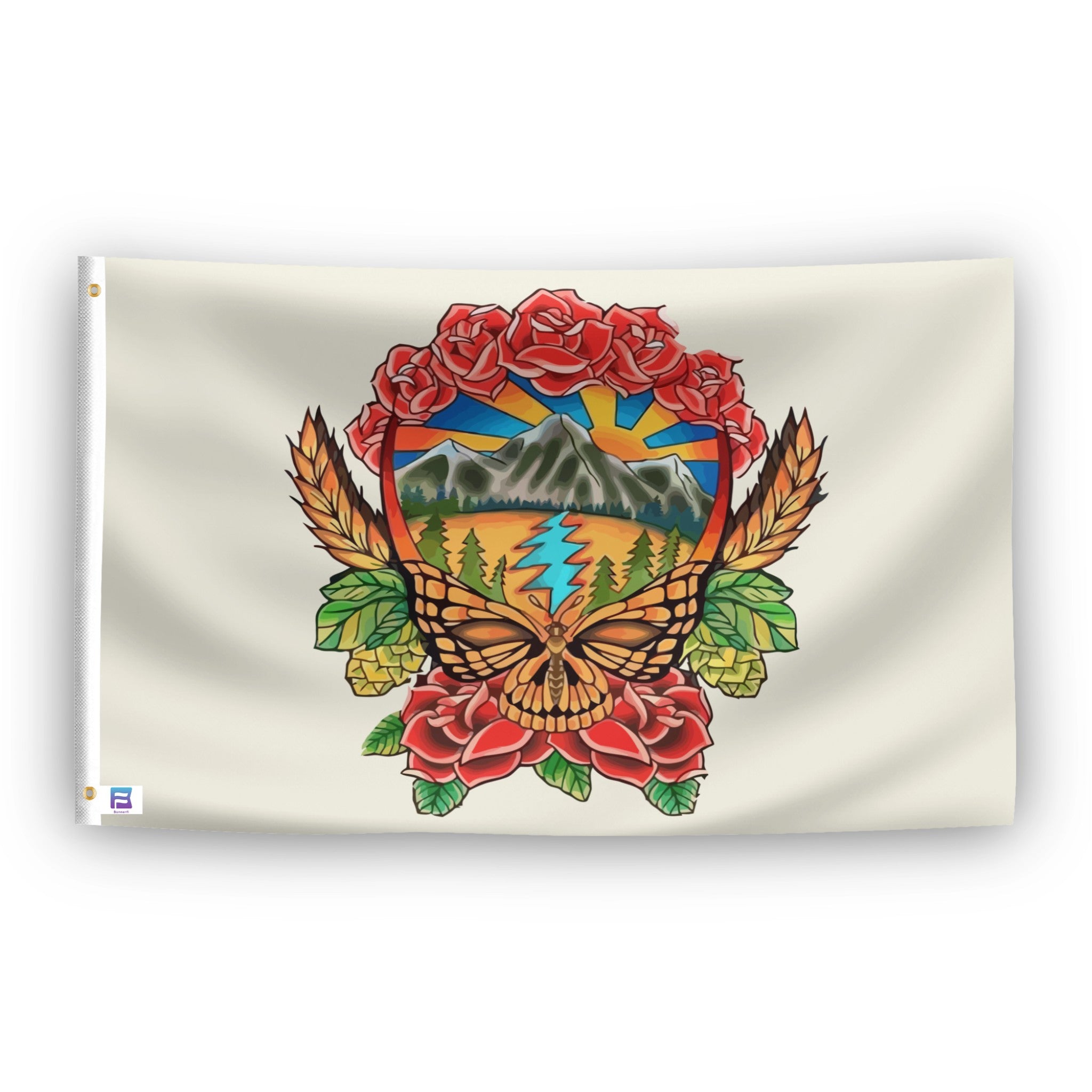 Flag with a colorful grateful dead skull design featuring a butterfly, roses, and a mountain landscape on a beige background.