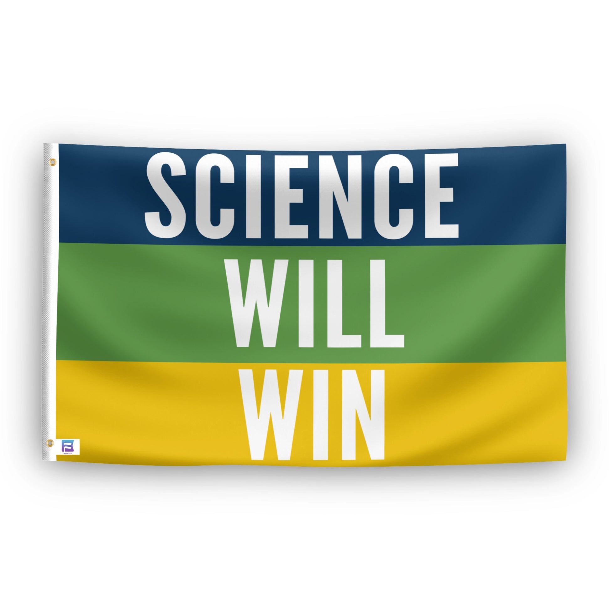 Flag with 'Science Will Win' text on a blue, green, and yellow background