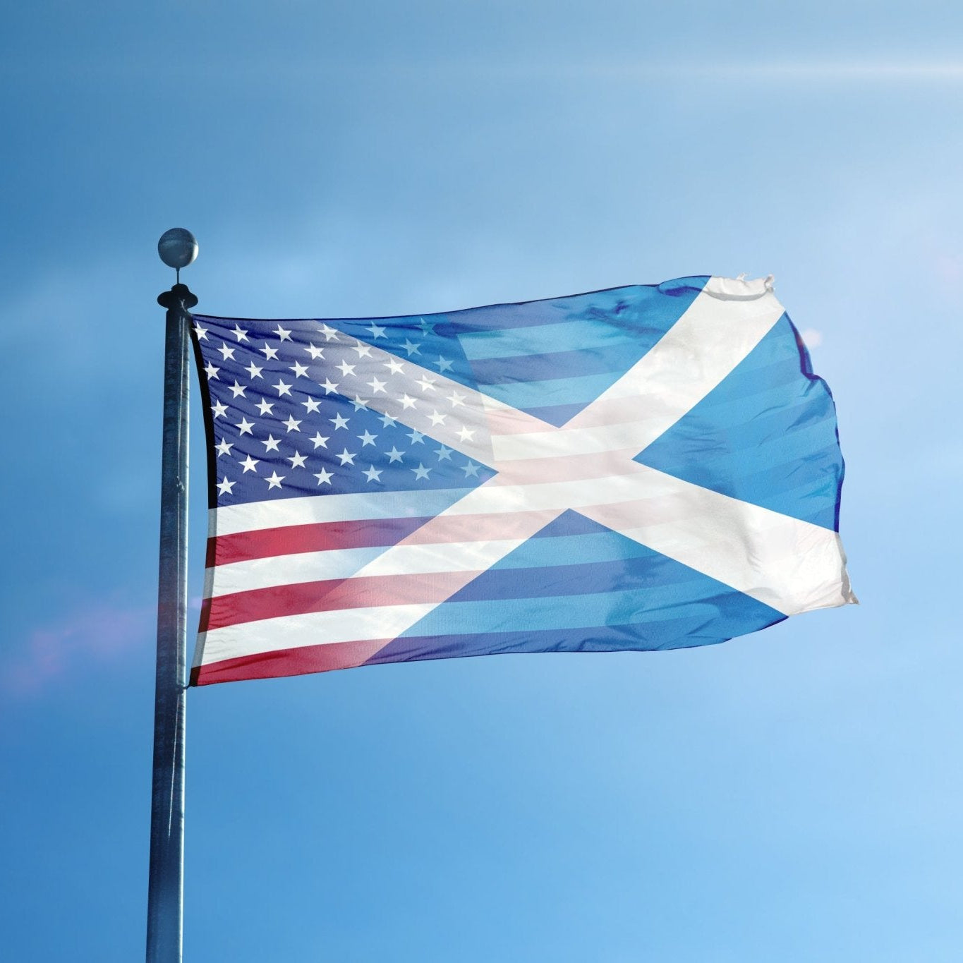 Scottish American Hybrid Flag flying on a flagpole - Flags by Bannerfi